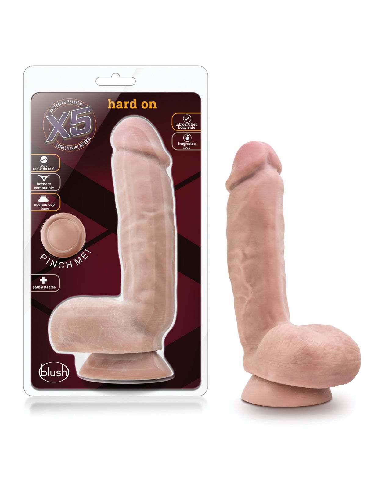 Blush X5 Hard On Dong realistic 8.5-inch dildo with suction cup and fleshy balls in natural color