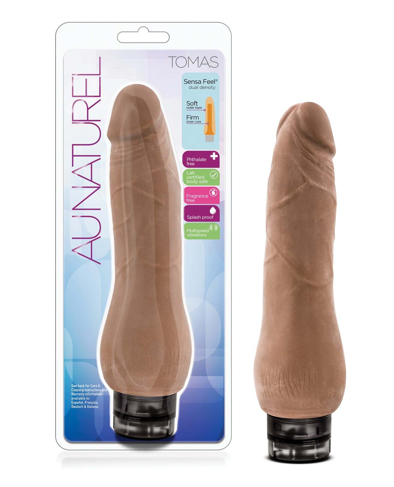 Blush Au Naturel Thomas realistic dildo with Dual Density Sensa Feel and multispeed vibrations, 8.5 inches length, body-safe material.