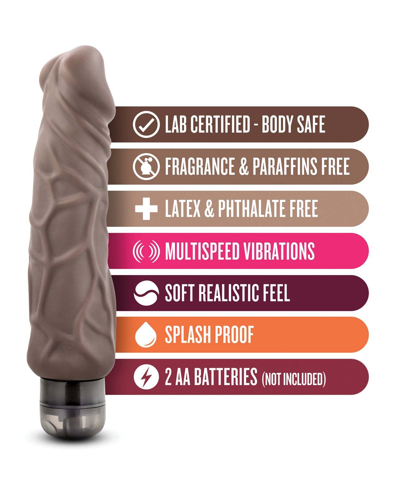 Blush X5 Plus brown 9-inch vibrating dildo with realistic texture and multispeed vibrations, body-safe and splash-proof design