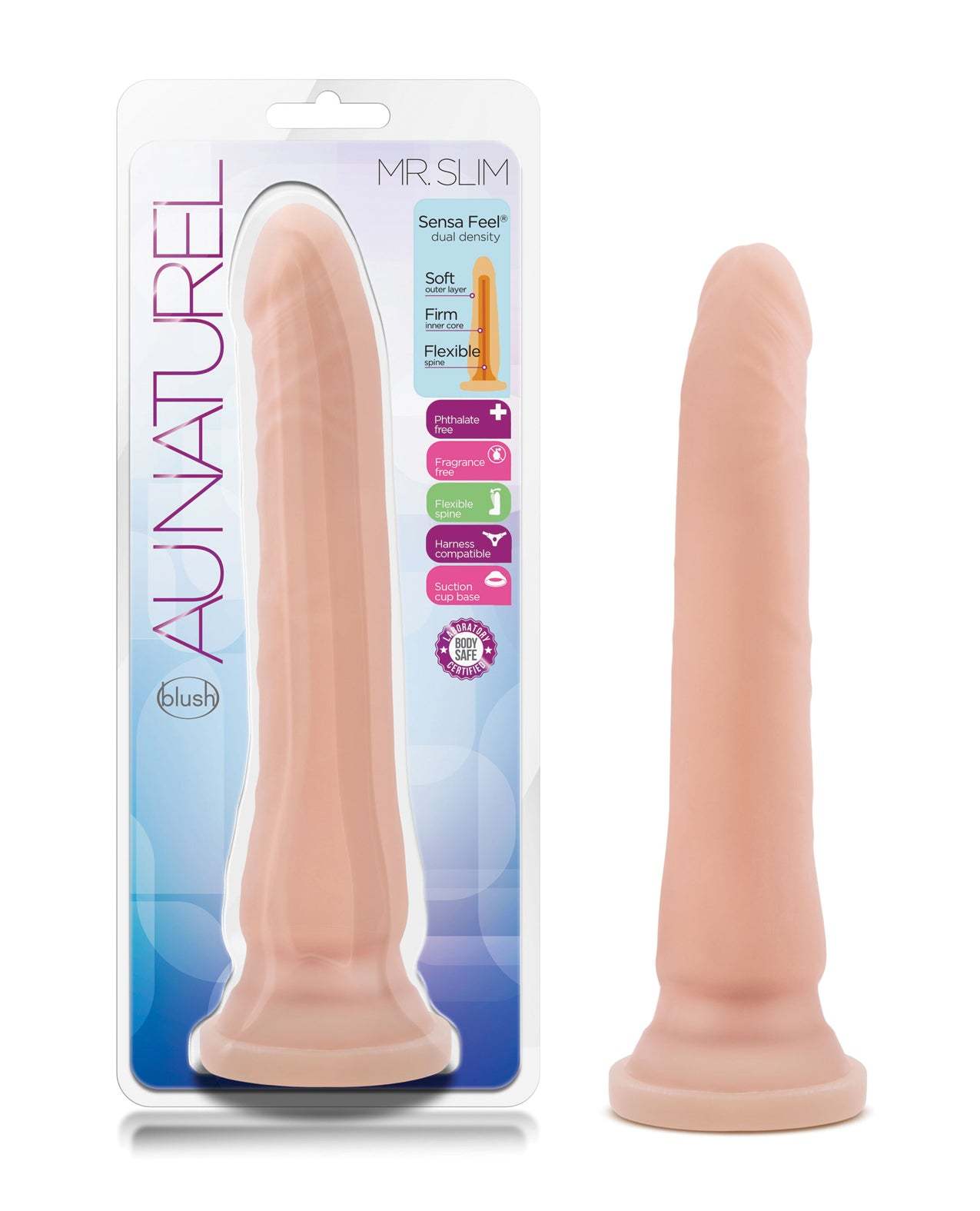 Blush Au Naturel Mr Slim slim veiny dildo with suction cup base in skin tone, dual density soft and firm texture.