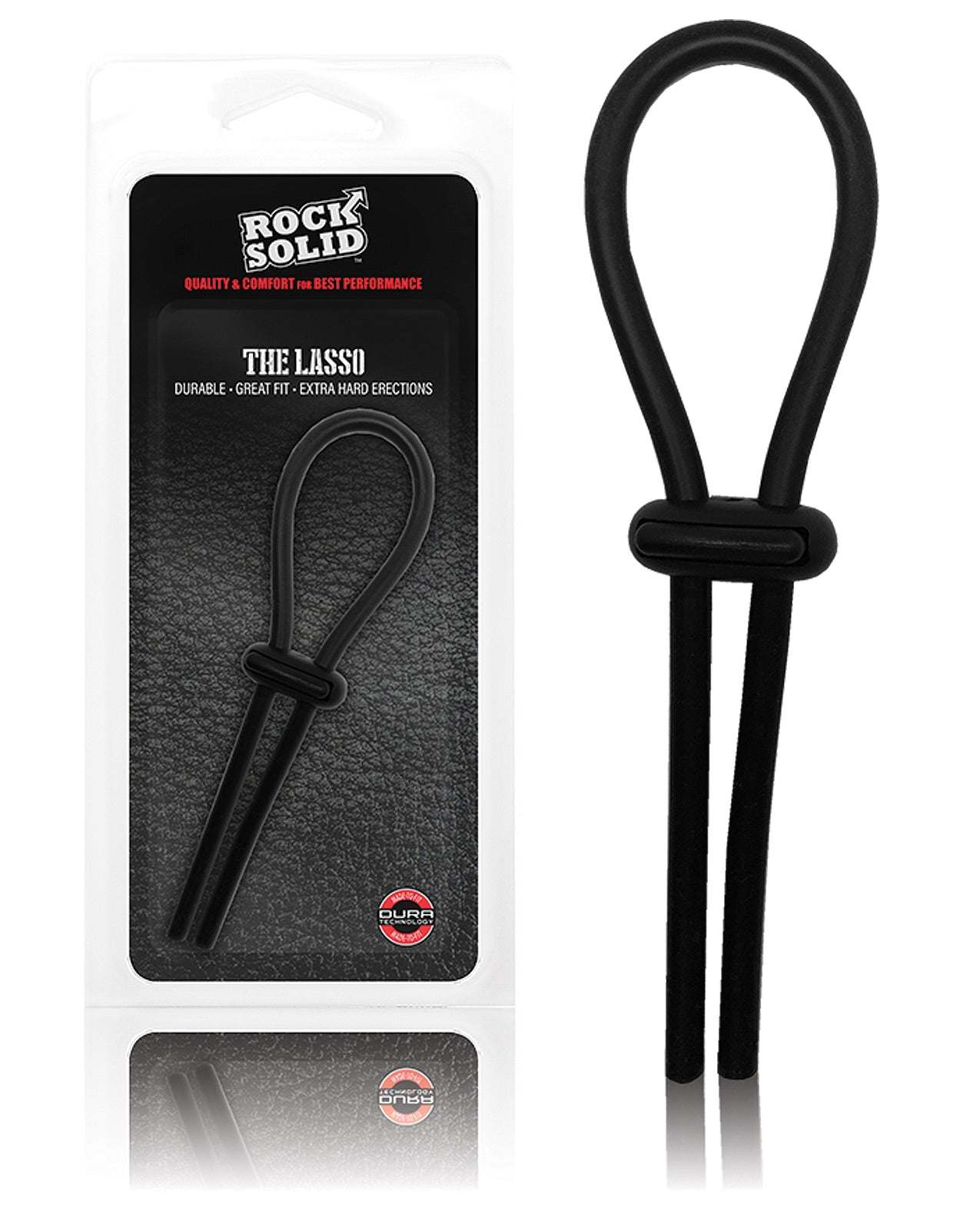 Rock Solid Lasso Cockring in black adjustable silicone with Secur-Lok system for durable and customizable fit