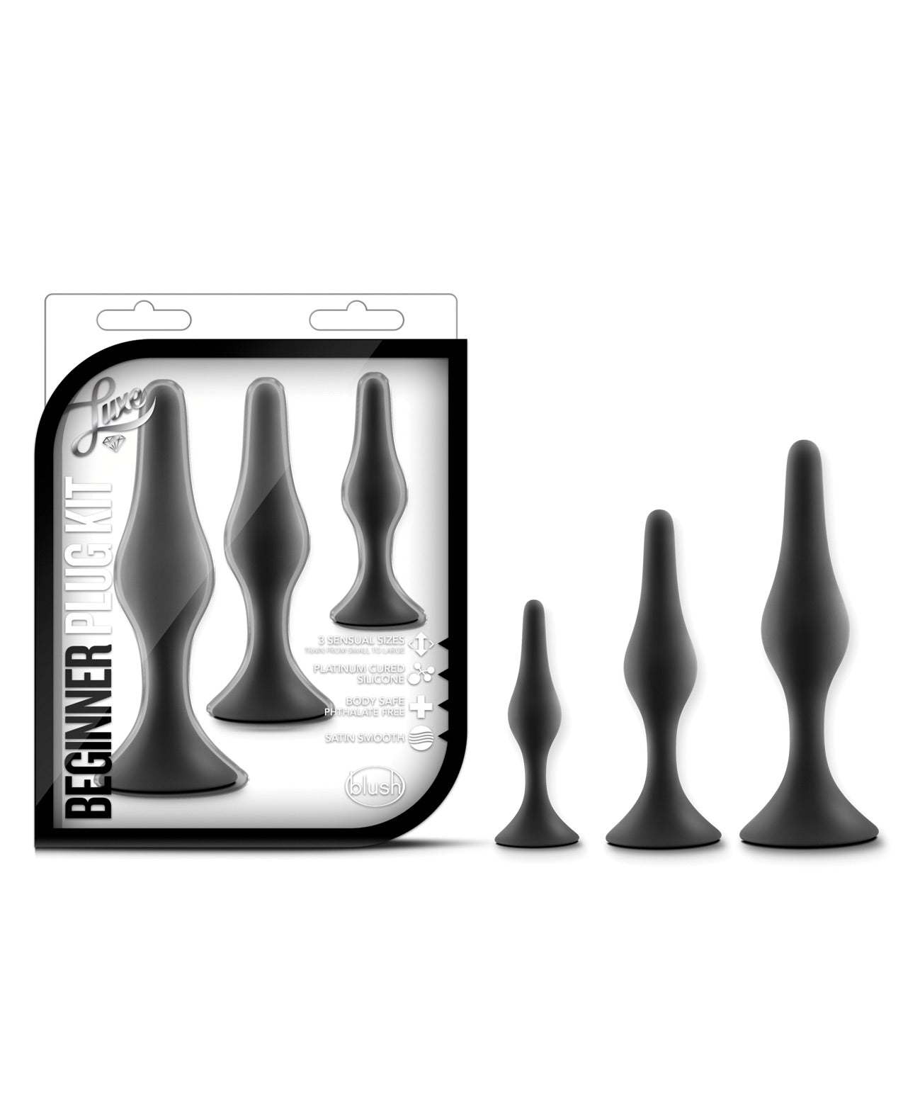 Blush Luxe Beginner Plug Kit black silicone anal plugs in three graduated sizes for beginners with tapered tips and secure neck design.