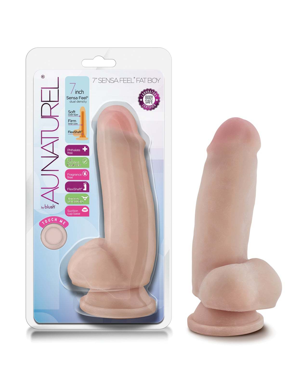 Blush Au Naturel 7 inch Fat Boy dildo in beige with dual density Sensa Feel technology and flexible spine
