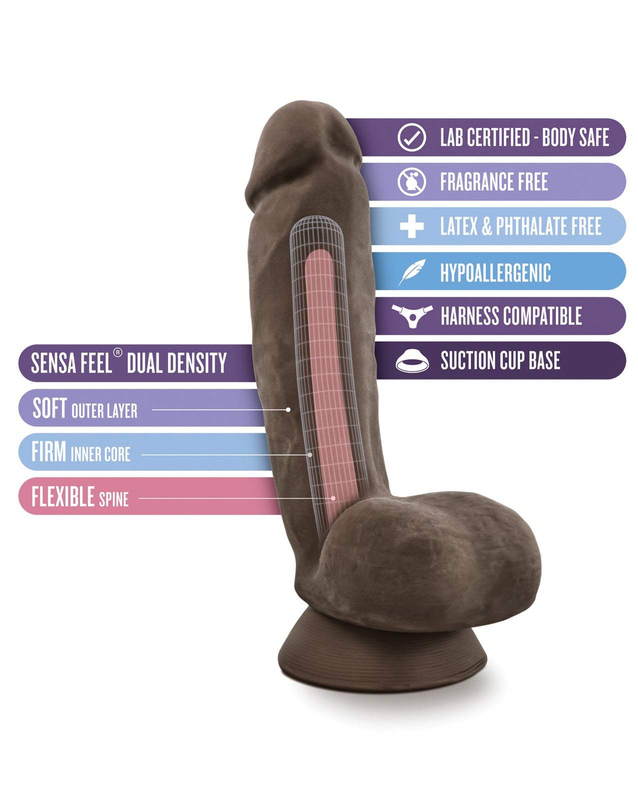 Blush Au Naturel Jerome brown realistic dildo with dual density soft outer layer, firm core, flexible spine, suction cup base, and body-safe, hypoallergenic material.