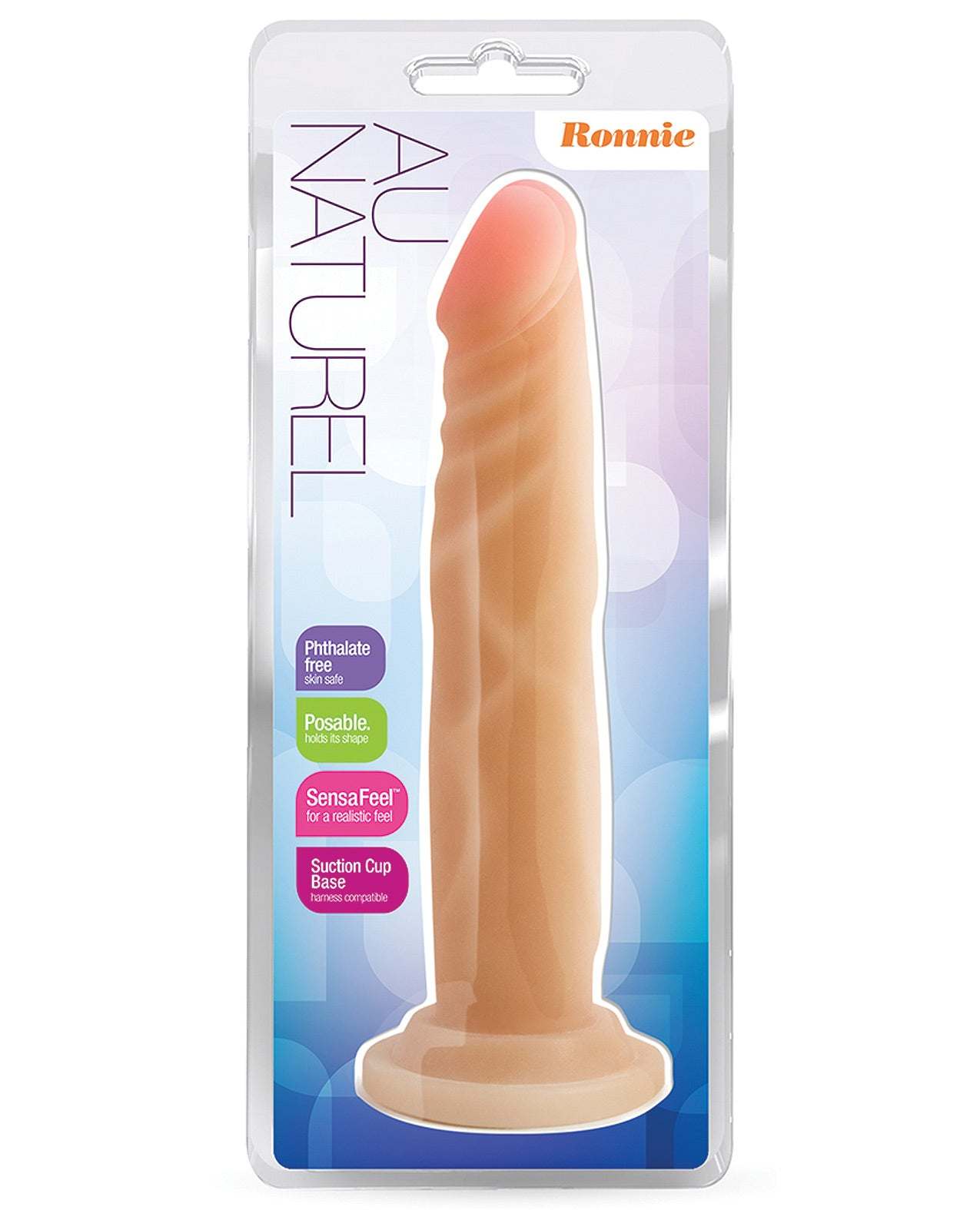 Blush Au Naturel Ronnie beige flexible shaft dildo with suction cup base and Sensa Feel technology in retail packaging