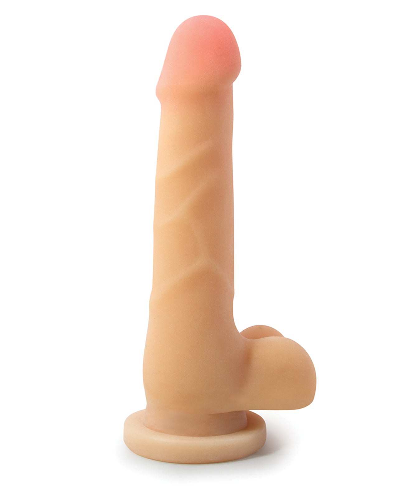 Blush Au Naturel 7-inch beige realistic dildo with veined shaft, squeezable balls, suction cup, and dual density Sensa Feel technology.