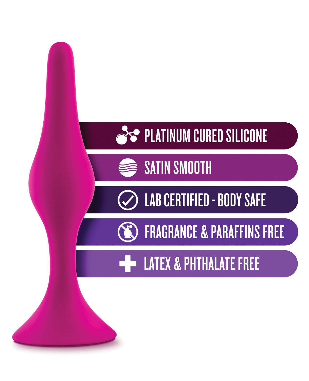 Pink Blush Luxe Beginner Plug Small made of body-safe platinum cured silicone with satin smooth texture and secure fit