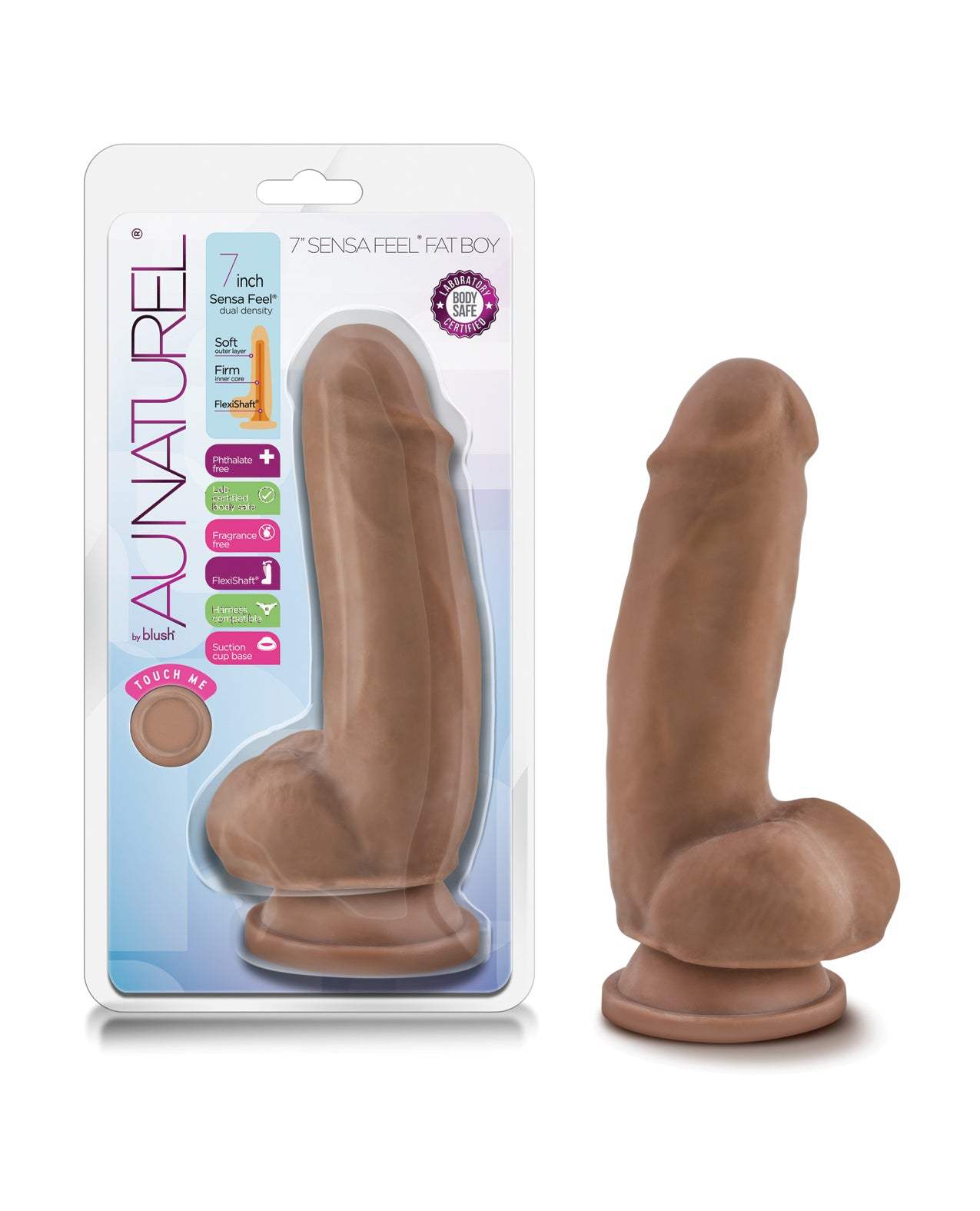 Blush Au Naturel 7 inch Sensa Feel Fat Boy dildo in Latin skin tone with dual density soft outer layer and rigid core, flexible and body-safe TPE material.