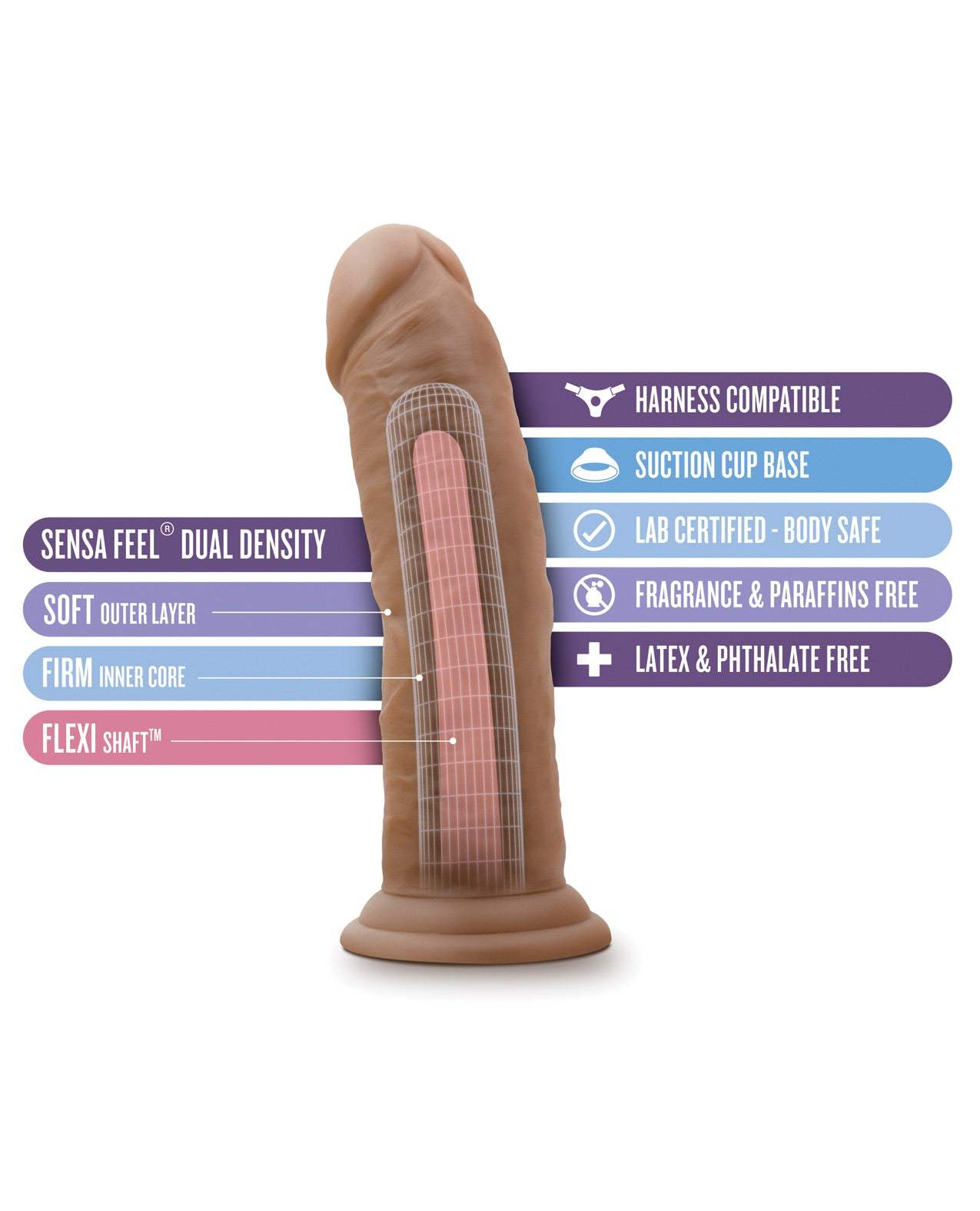 Blush Au Naturel 8 inch dildo in mocha with suction cup, dual density soft outer layer and firm core, flexible shaft, body-safe and harness compatible.