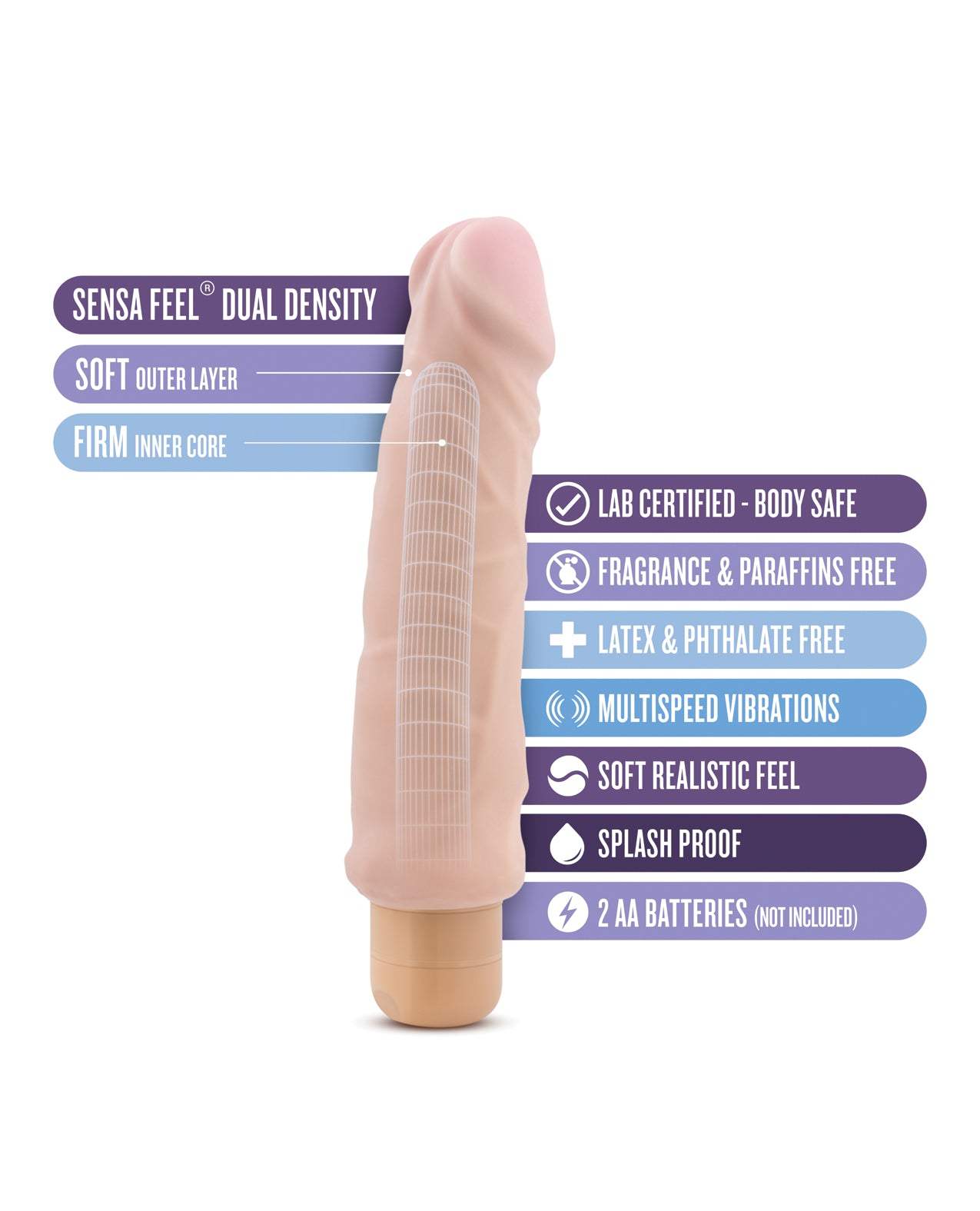 Blush Au Naturel Home Wrecker natural realistic dildo with soft outer layer, firm core, multispeed vibrations, waterproof, body safe, latex and phthalate free