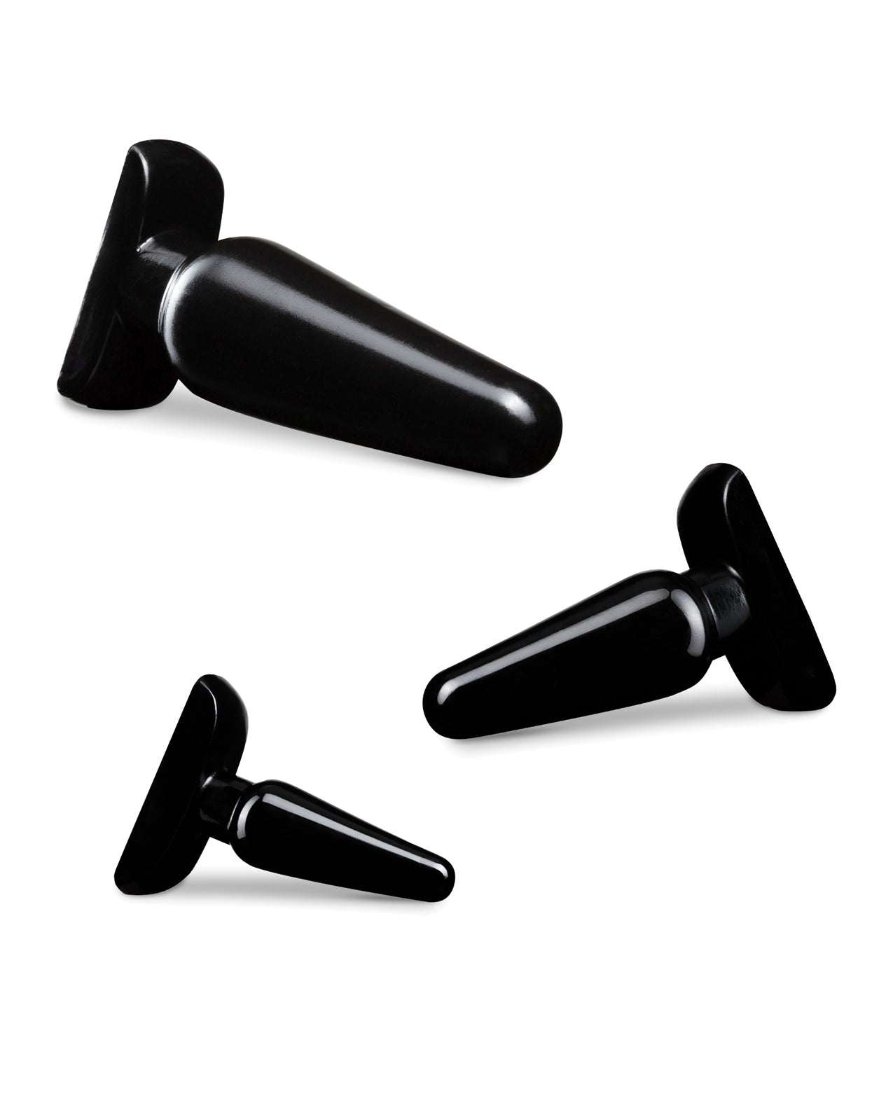 Blush Anal Adventures Basic Plug Kit in black with three graduated tapered plugs for beginners and enthusiasts