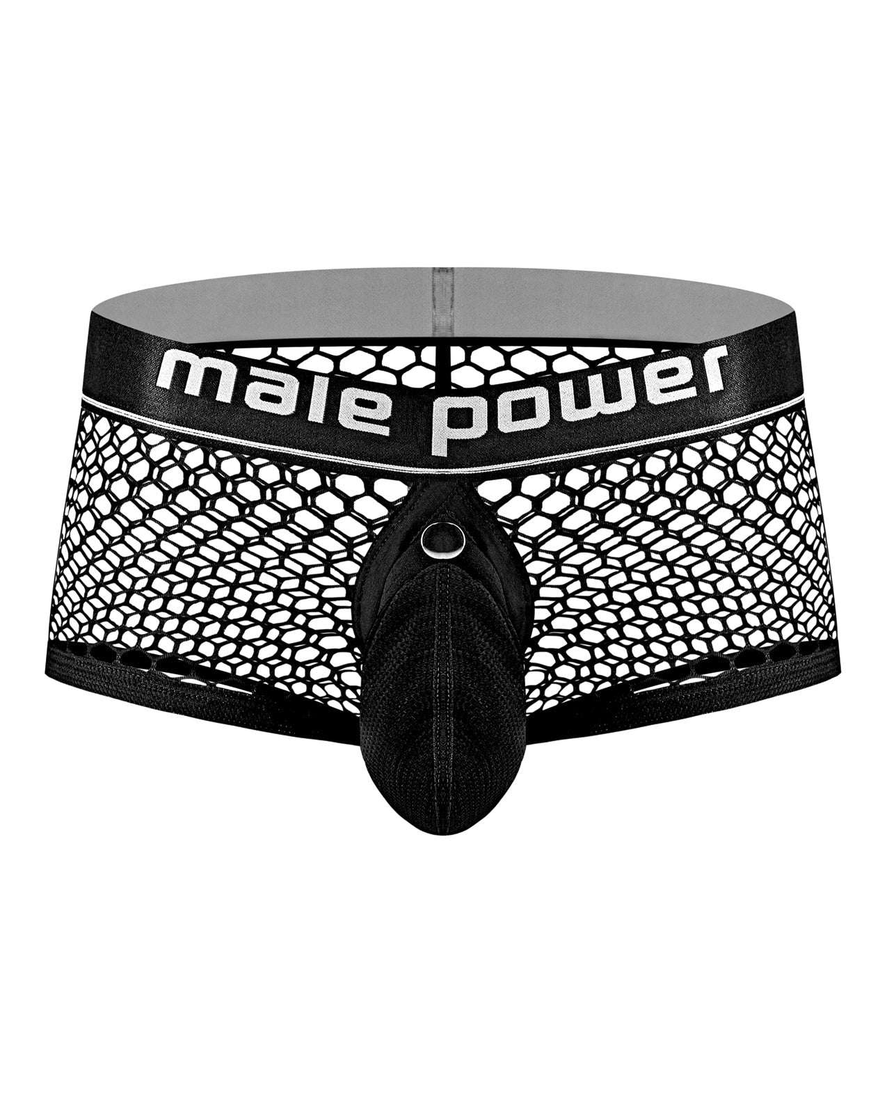 Black Cock Pit Fishnet Mini cock ring shorts with breathable mesh fabric and "male power" waistband.