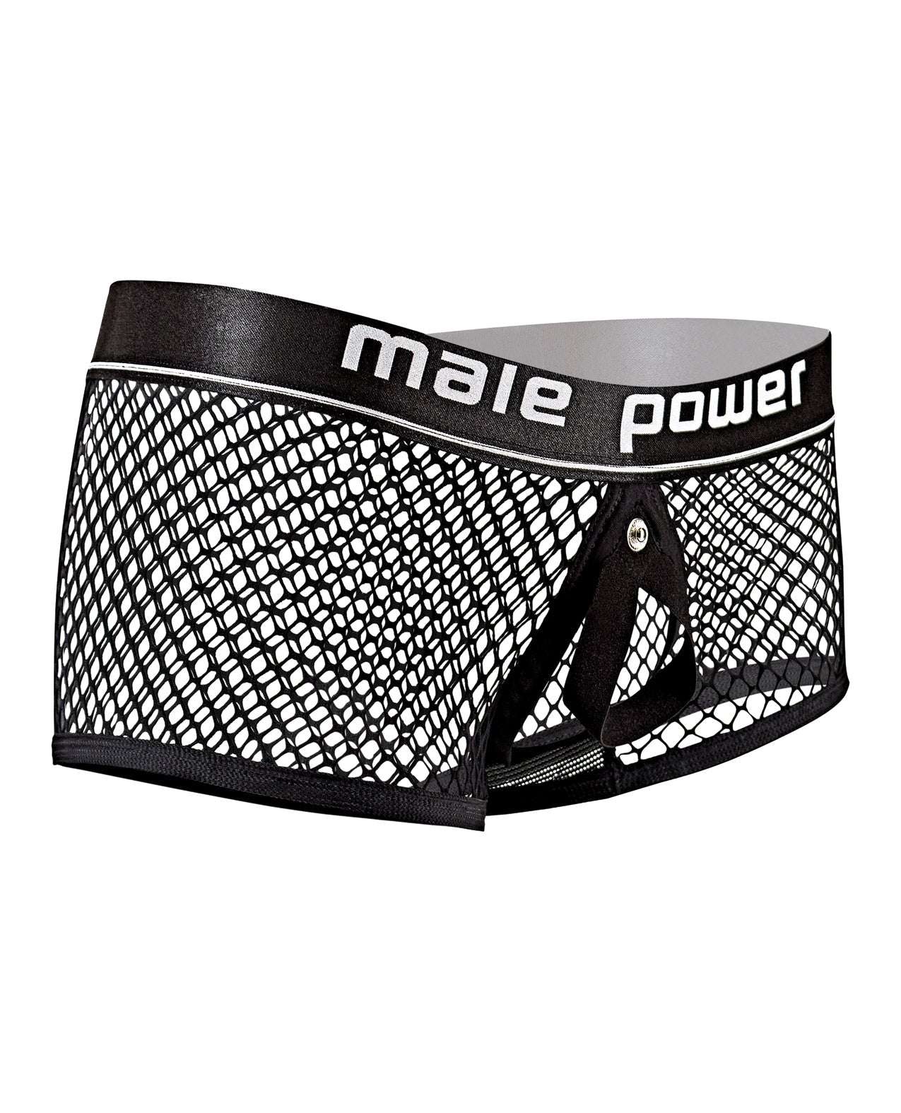 Black Cock Pit Fishnet Mini cock ring shorts with male power waistband and open front design