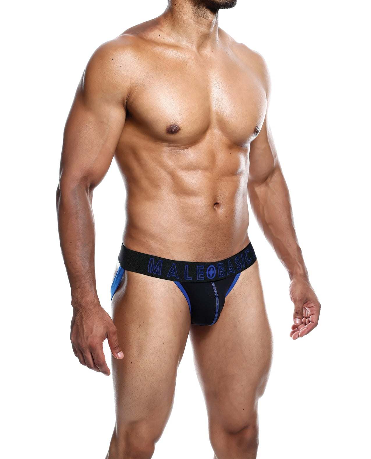 Male model wearing royal blue Male Basics Neon Jockstrap with neon stitching and black waistband