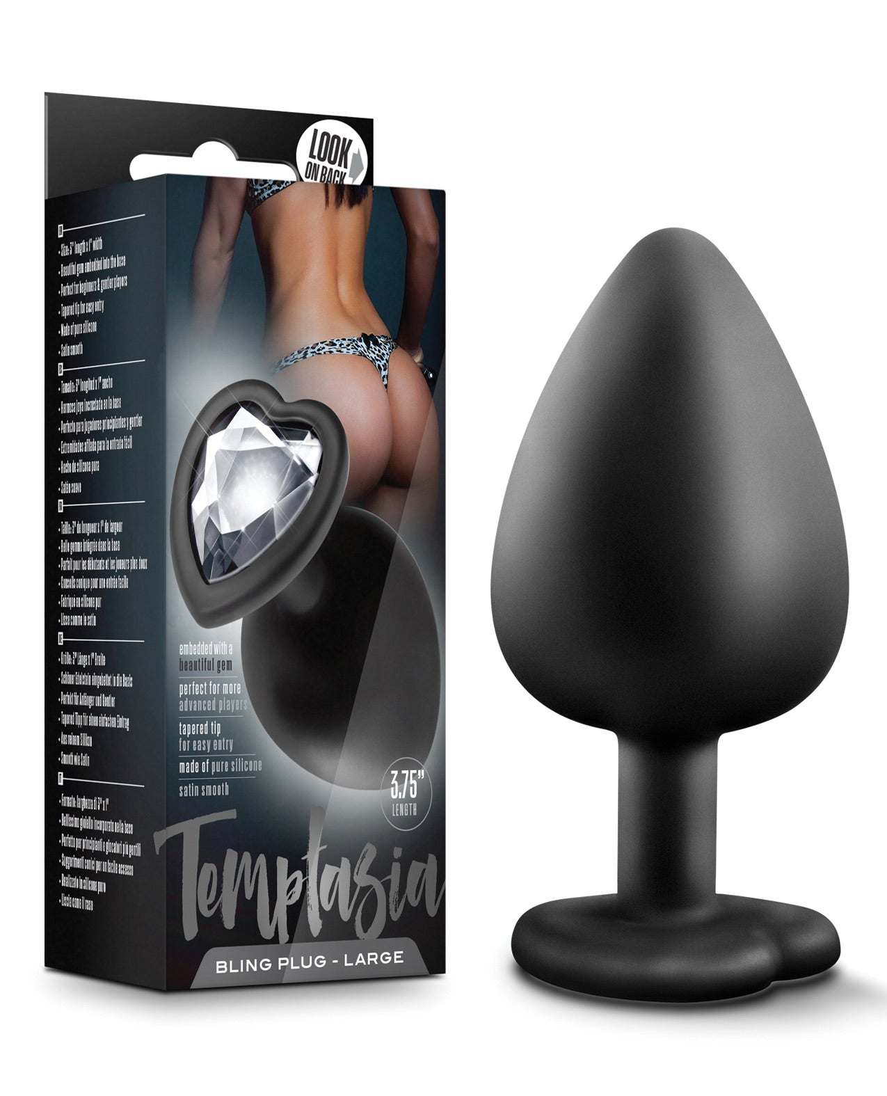 Black large Blush Temptasia Bling Plug with gem and tapered tip for intimate pleasure