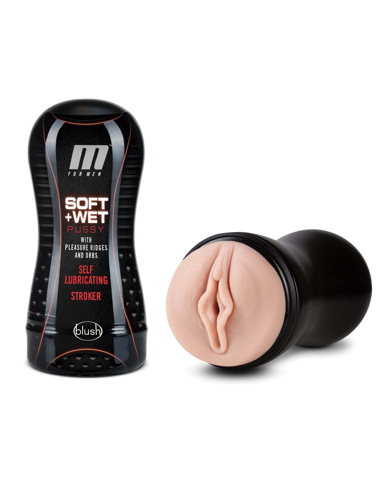 Blush M for Men Soft & Wet self-lubricating stroker with pleasure ridges and orbs in black case