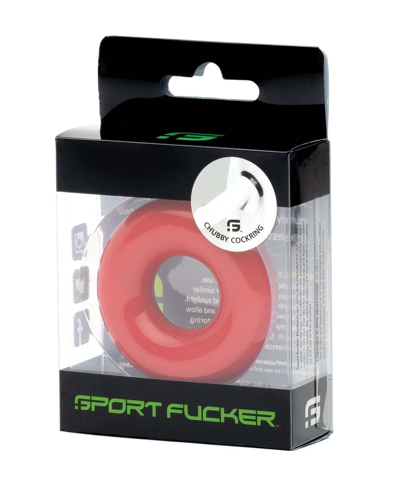 Red Sport Fucker Chubby Cockring in clear packaging, stretchy and comfortable TPE material