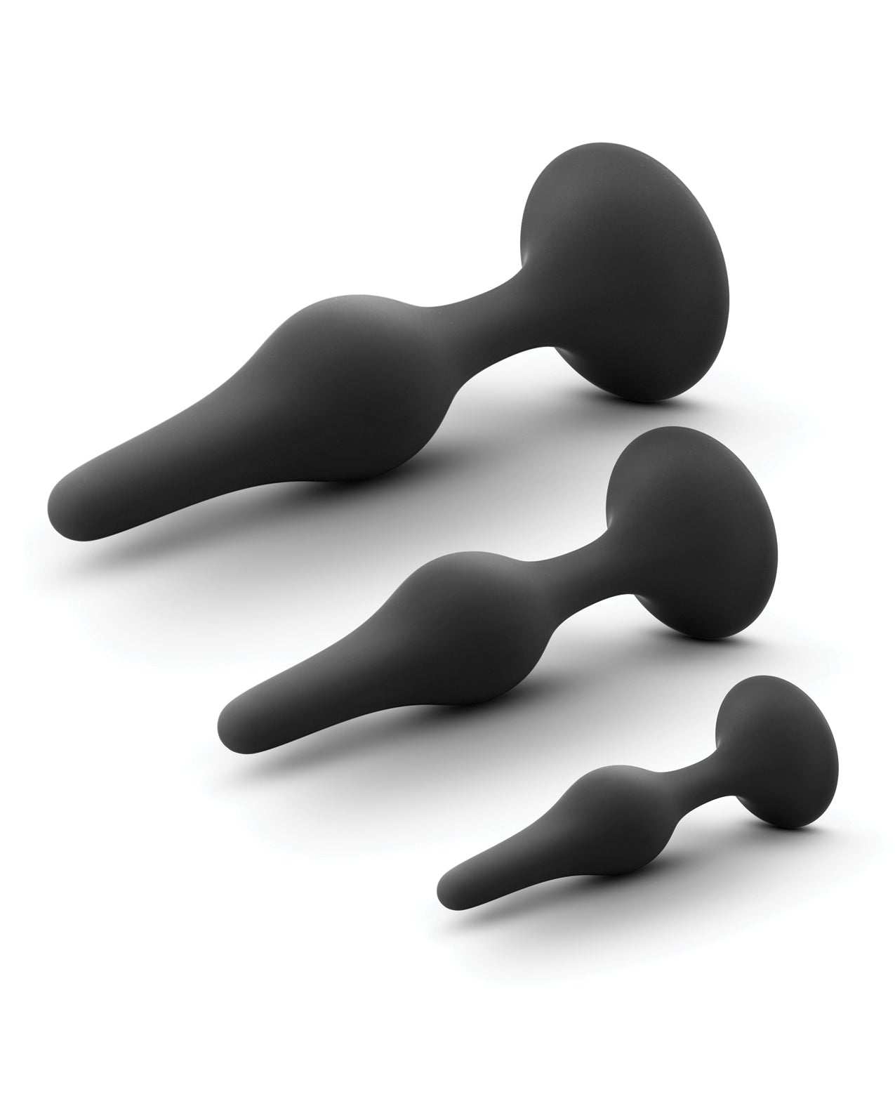 Blush Anal Adventures black silicone beginner anal plug kit with three tapered plugs in ascending sizes