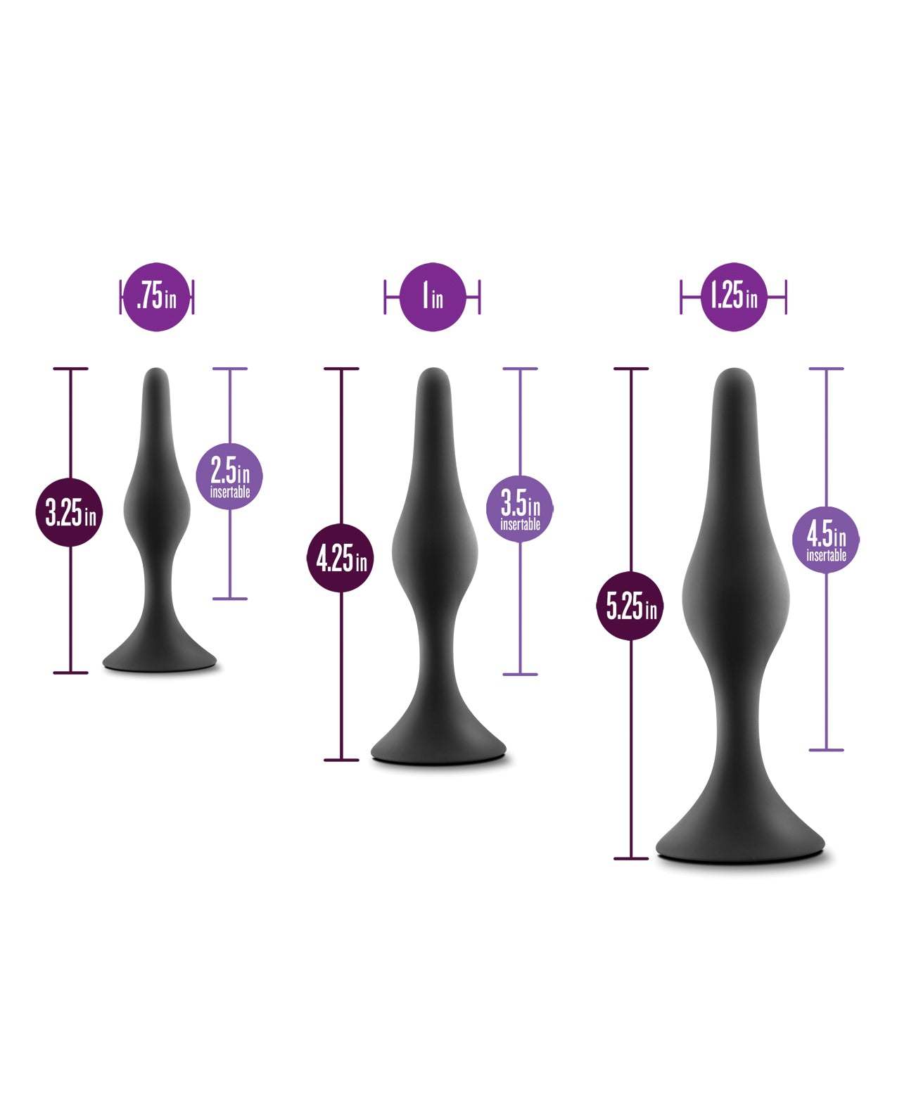 Blush Anal Adventures Platinum Silicone Beginner Plug Kit with three black tapered plugs in ascending sizes for comfortable anal play and training