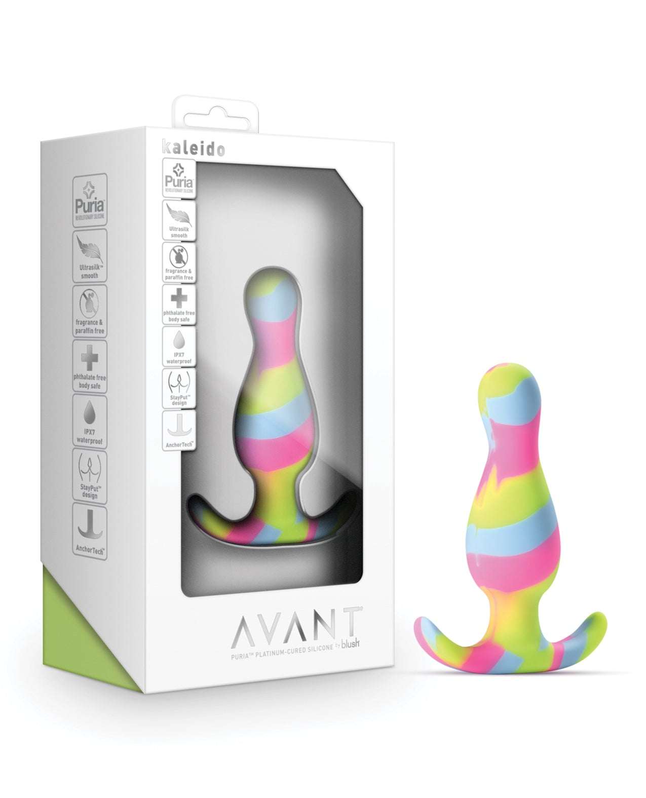 Blush Avant Kaleido Silicone Plug in lime with tapered design and colorful stripes, body-safe and comfortable anal plug with StayPut technology.