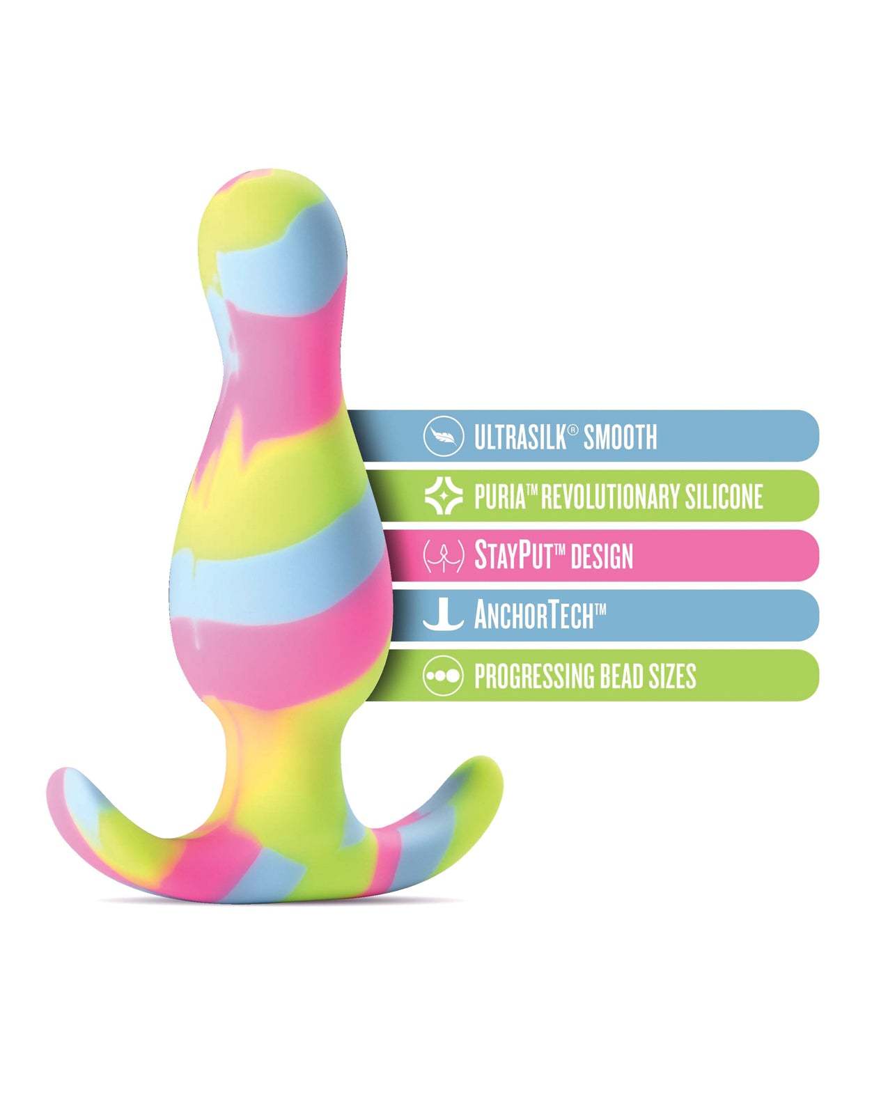 Blush Avant Kaleido Silicone Plug in lime with colorful pattern, featuring ultrasilk smooth surface, StayPut design, AnchorTech base, and progressive bead sizes