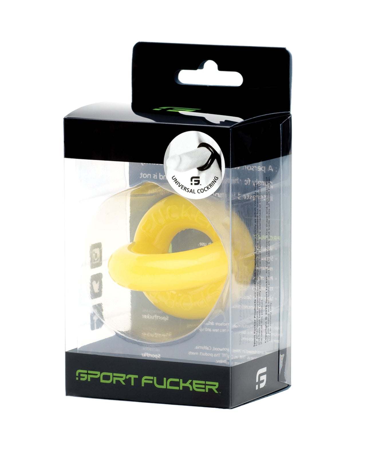 Sport Fucker Universal Cockring in yellow, versatile stretchy TPR blend cock and ball ring in clear retail packaging