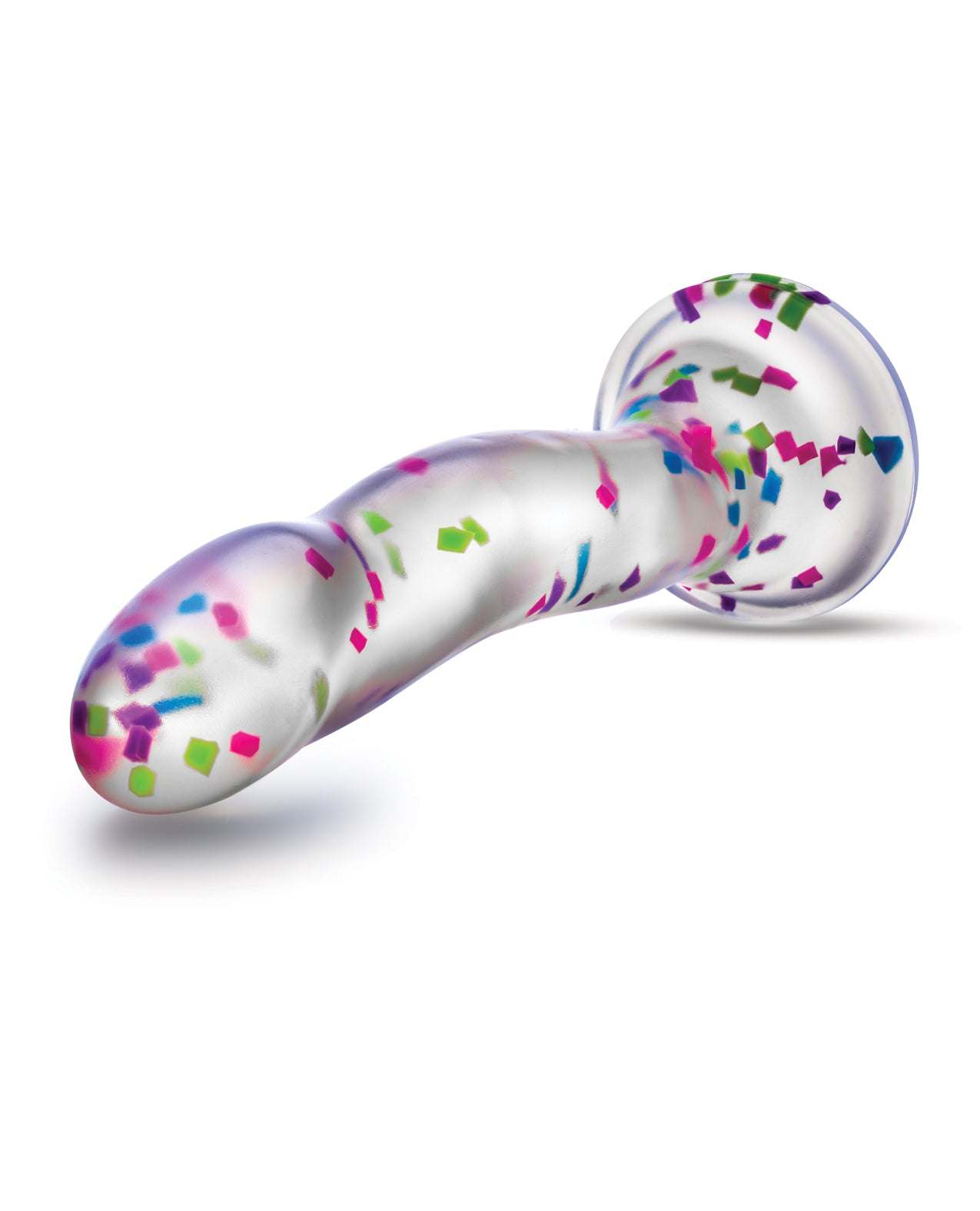 Blush Neo Elite 7-inch clear dildo with colorful confetti and glow-in-the-dark feature, made from body-safe silicone