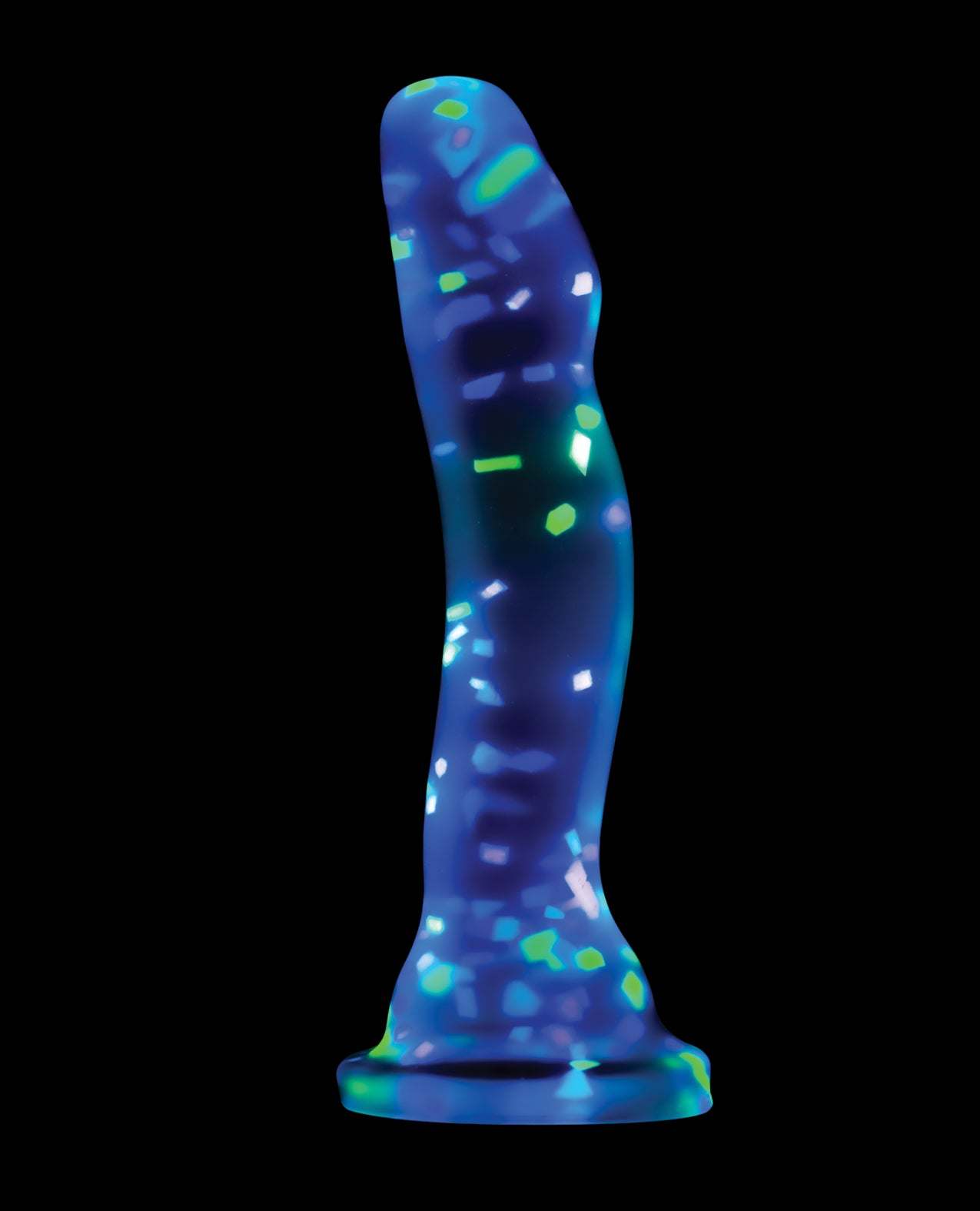 Blush Neo Elite Hanky Panky 7-inch clear glow-in-the-dark dildo with colorful confetti and curved tip for precise stimulation