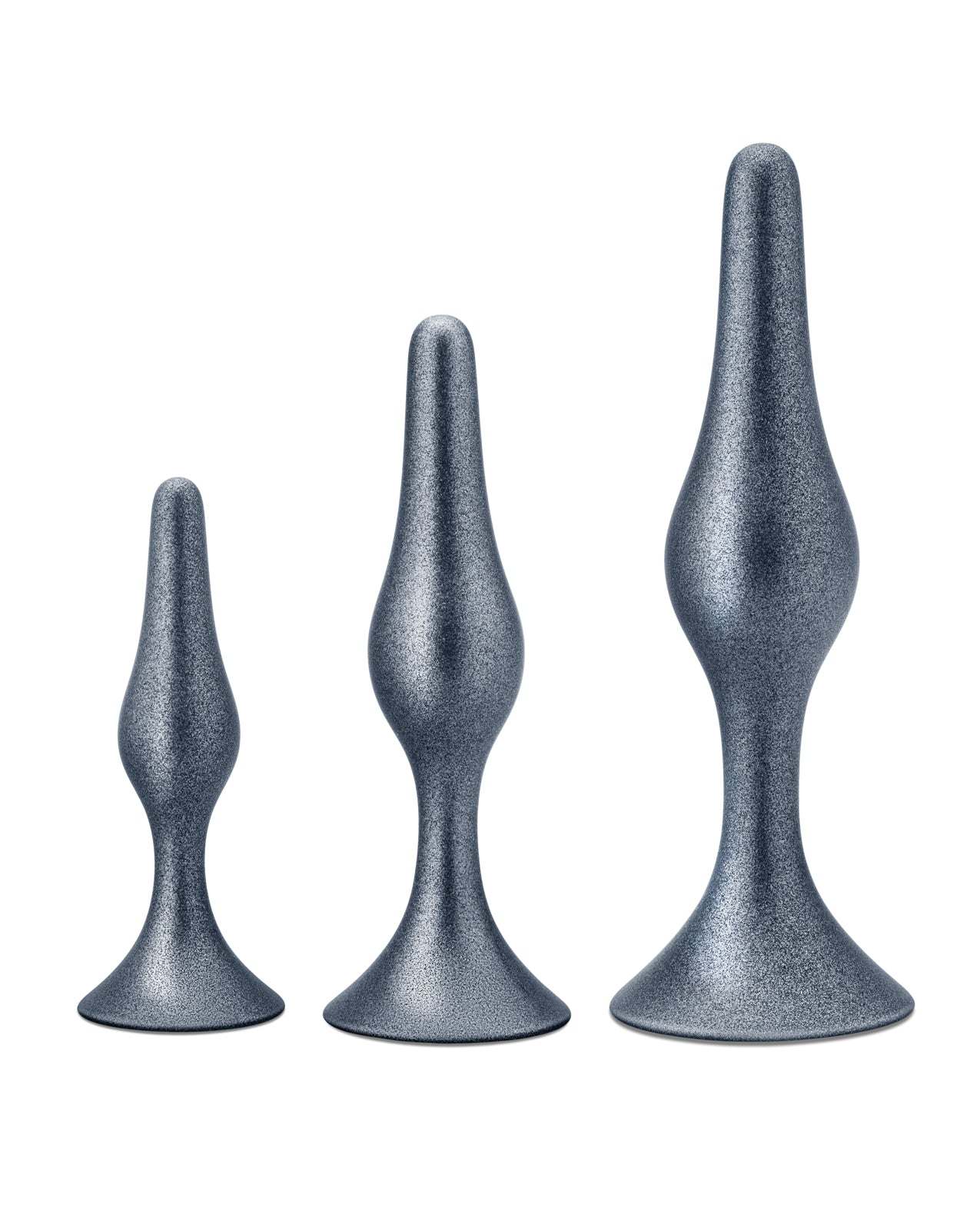 Blush Anal Adventures Matrix Genesis Plug Kit in silver with three graduated sizes and flared base for secure, comfortable anal play.