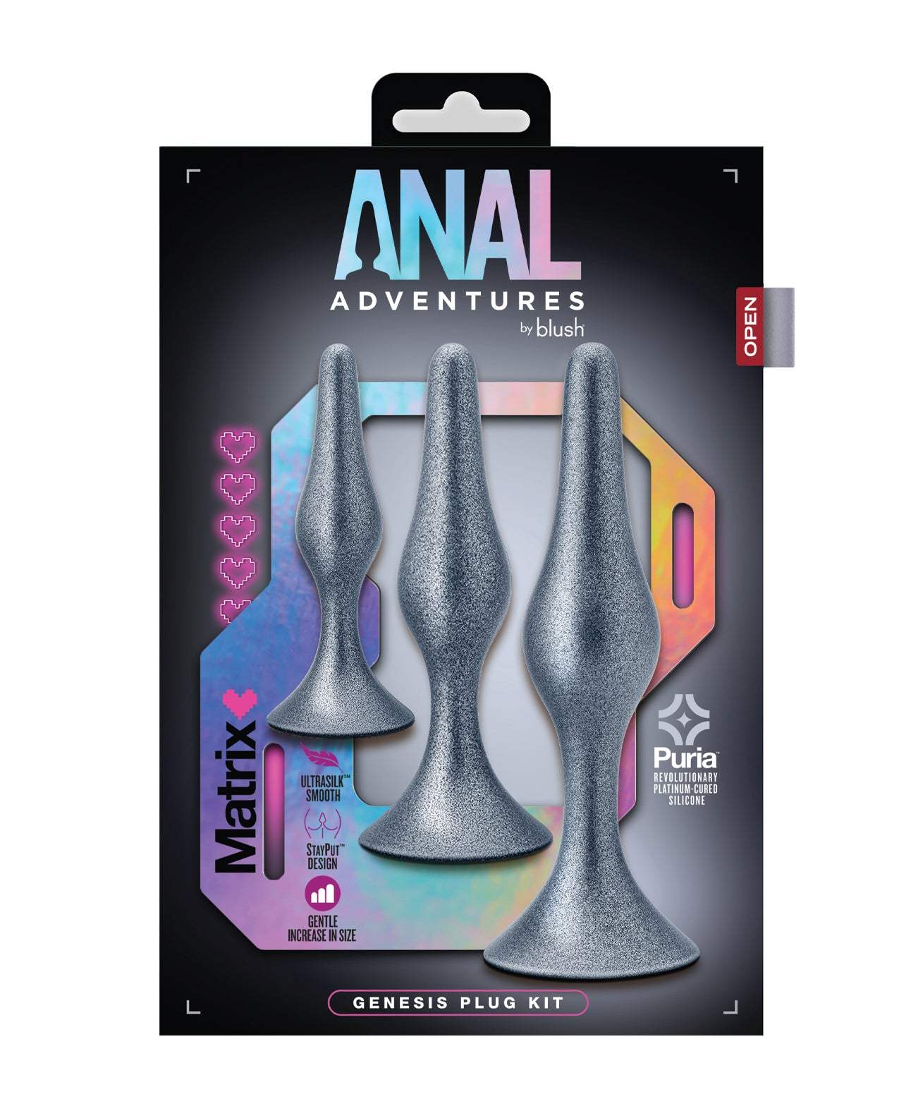 Blush Anal Adventures Matrix Genesis Plug Kit in silver with three graduated size silicone plugs for anal play and training.