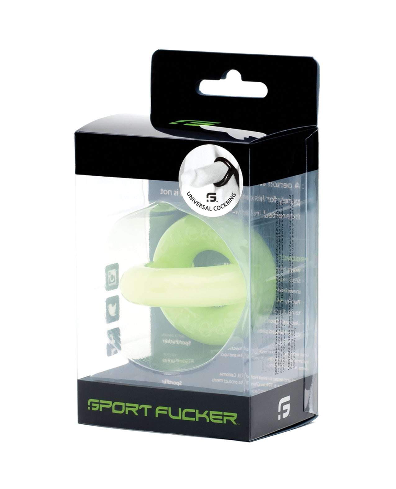 Sport Fucker Universal Cockring glow in black and clear packaging, stretchy TPR blend ring for versatile wear