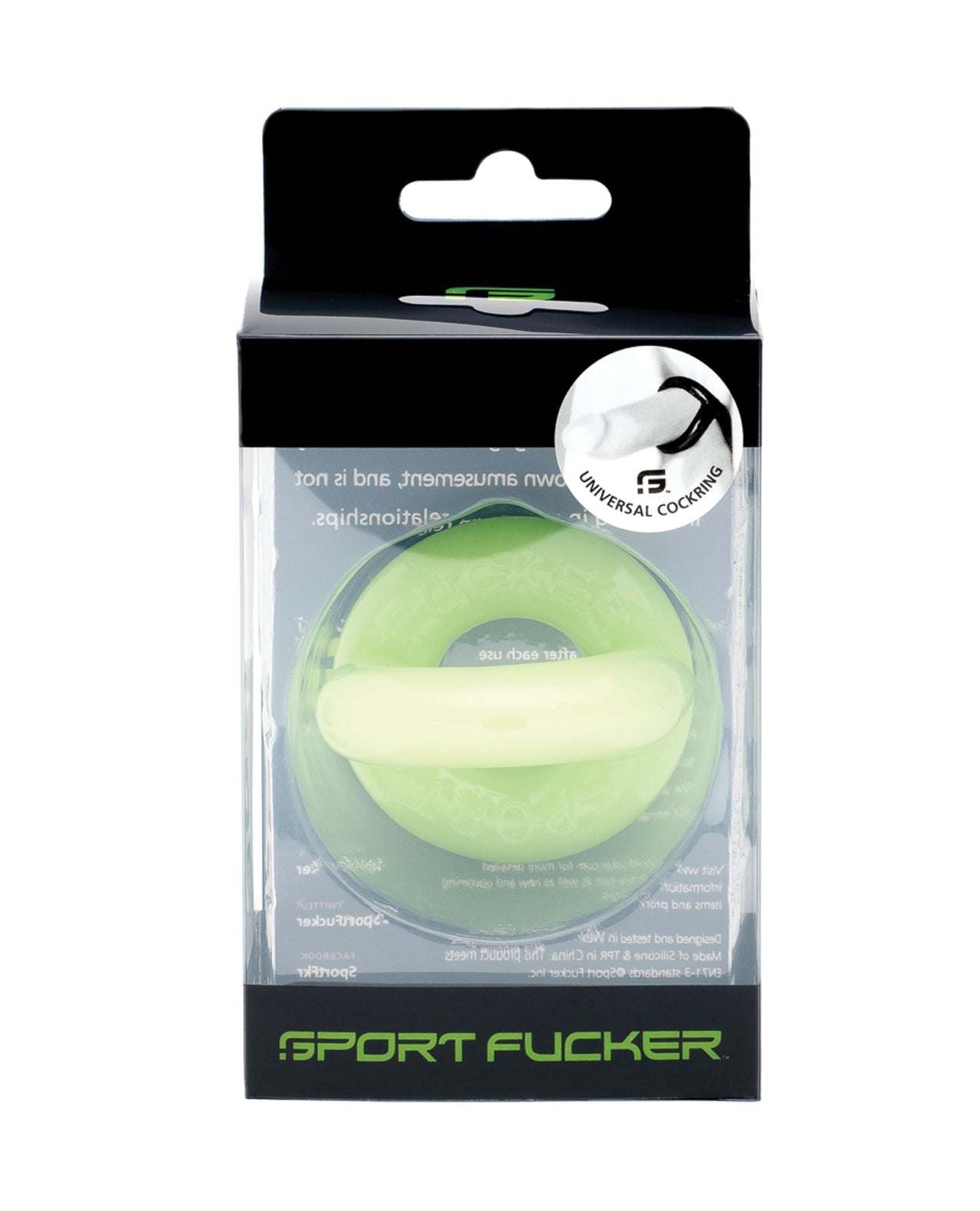 Sport Fucker Universal Cockring Glow in black and transparent packaging, flexible TPR material, soft and stretchy cock and ball ring