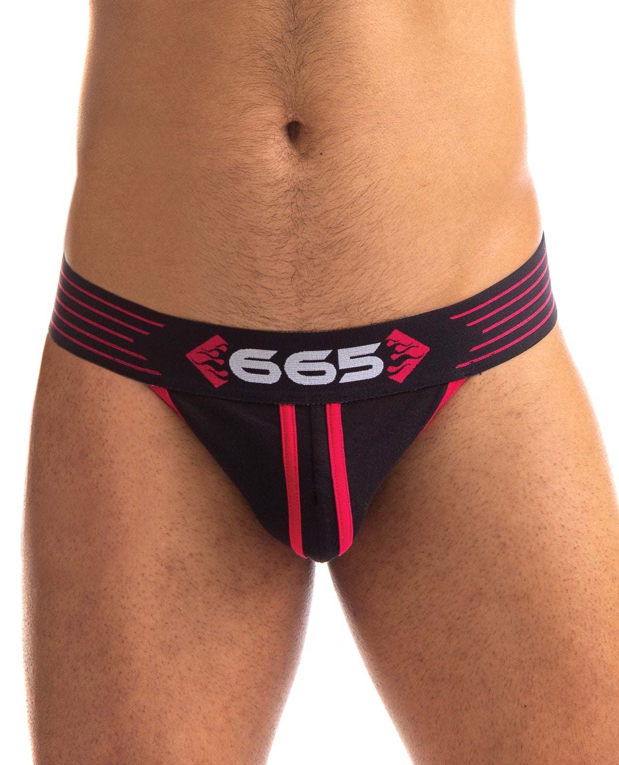 Black and red 665 Rally Jockstrap with bold waistband logo on male model