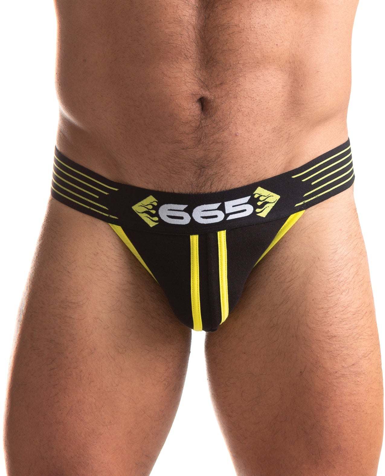 665 Rally Jockstrap black with yellow stripes and bold waistband logo on male model