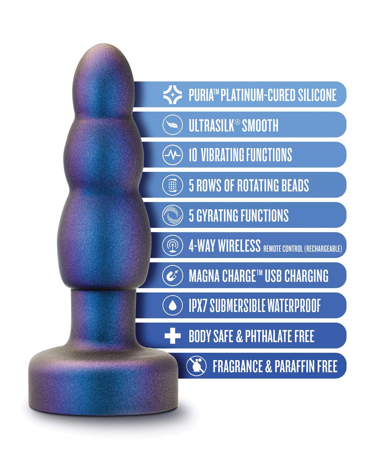 Blush Anal Adventures Space Age Blue anal plug with rotating beads, remote control, waterproof, platinum-cured silicone, and multiple vibration modes