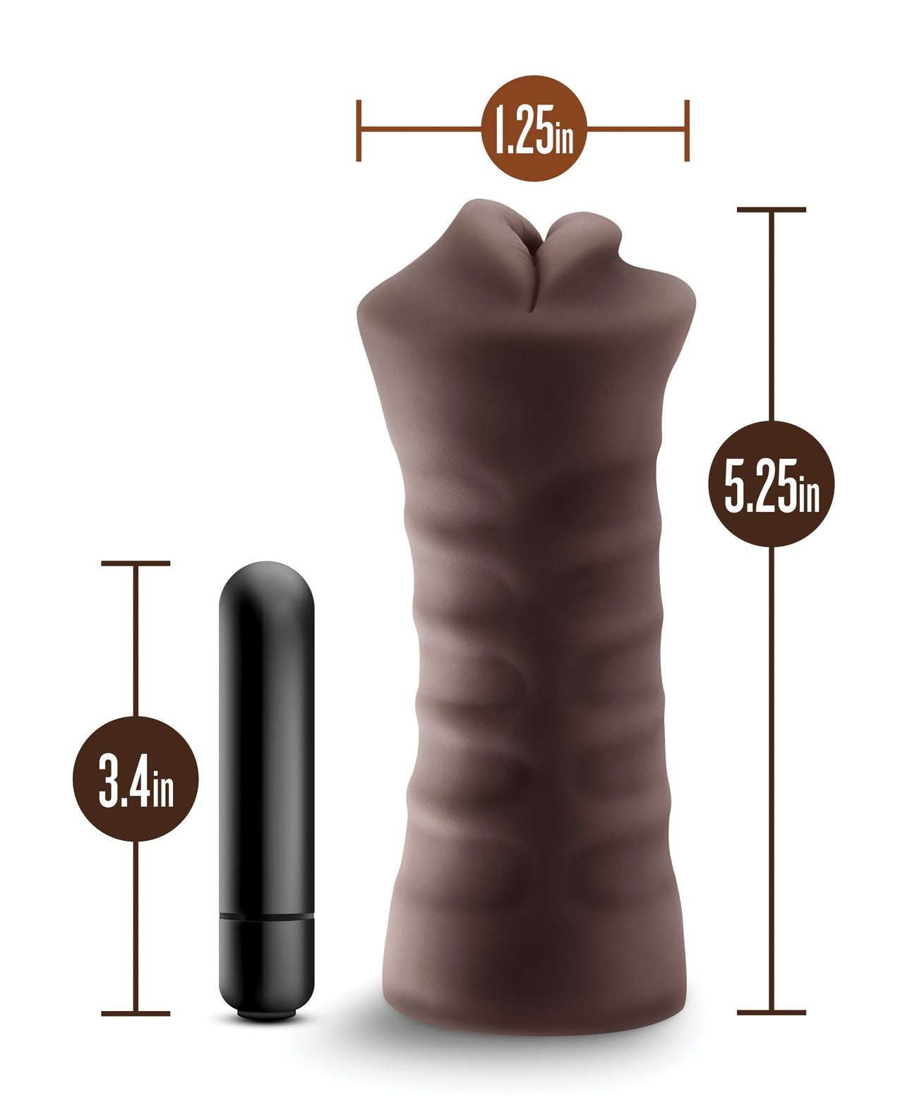Blush EnLust Mouth Stroker in brown with vibrating bullet and dimensions displayed against white background