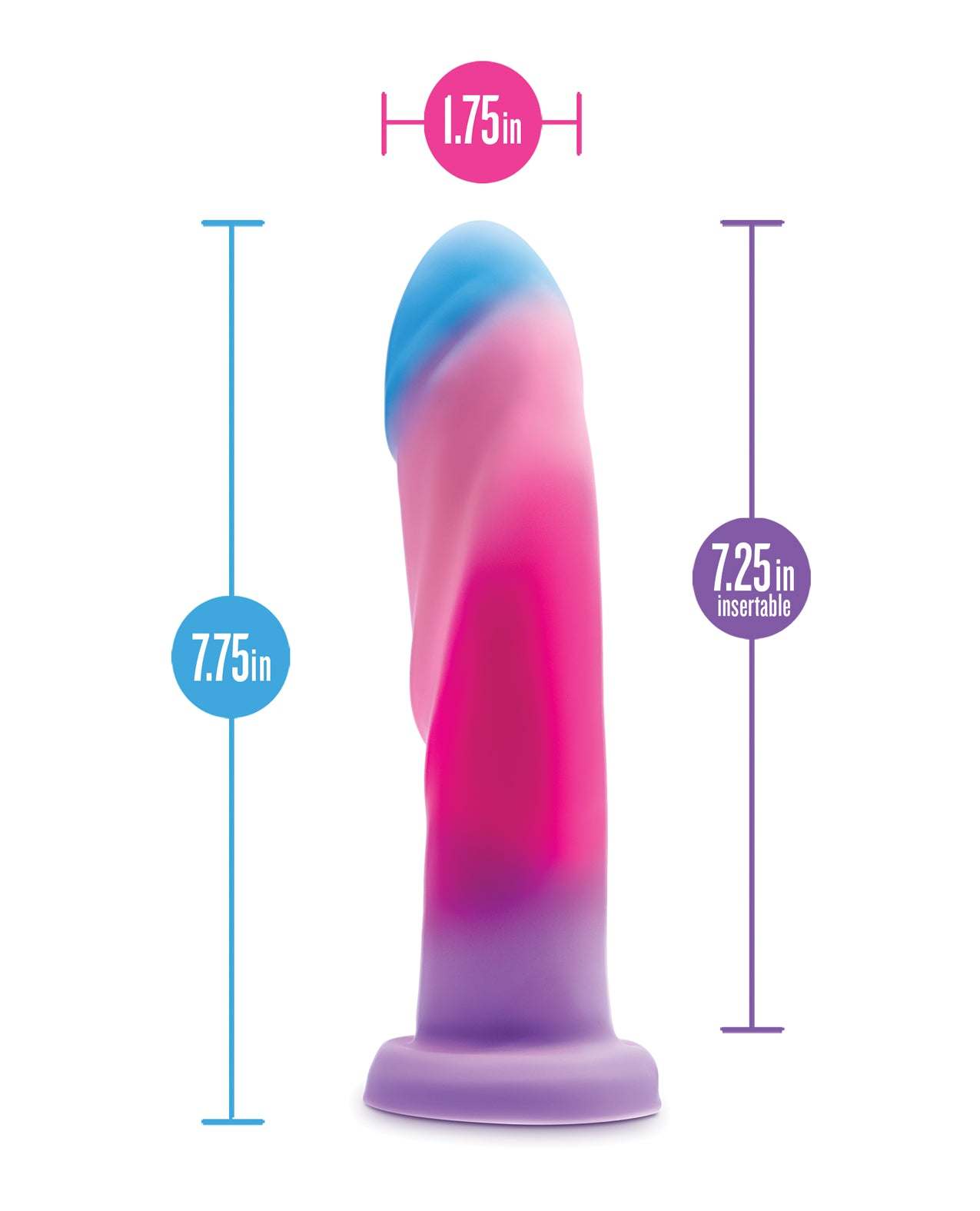 Blush Avant Borealis Dreams silicone dildo in cotton candy colors with textured ridges and suction cup base, 7.75 inches long and 1.75 inches wide.