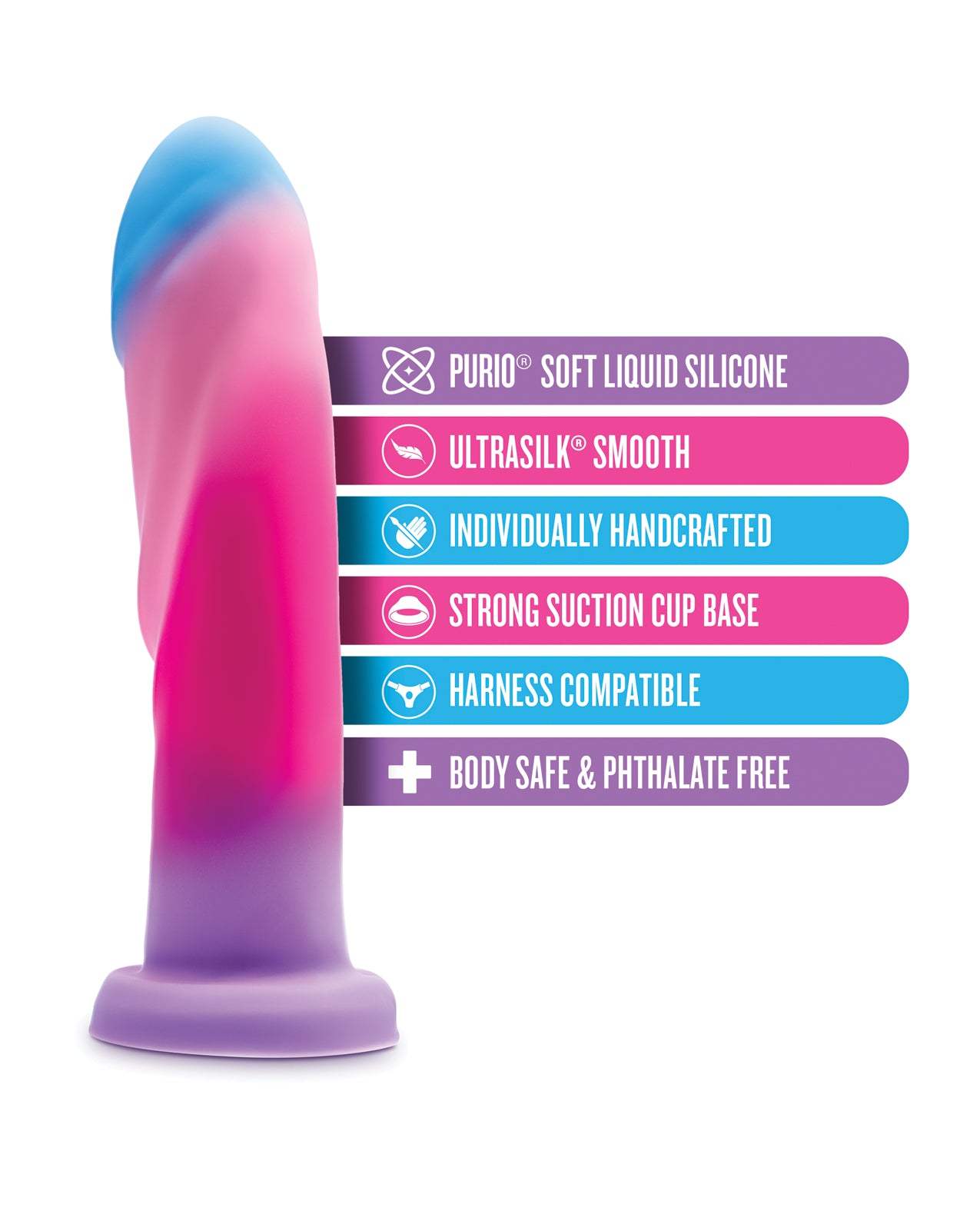 Blush Avant Borealis Dreams silicone dildo in cotton candy colors with smooth texture, strong suction base, harness compatible, and body-safe material