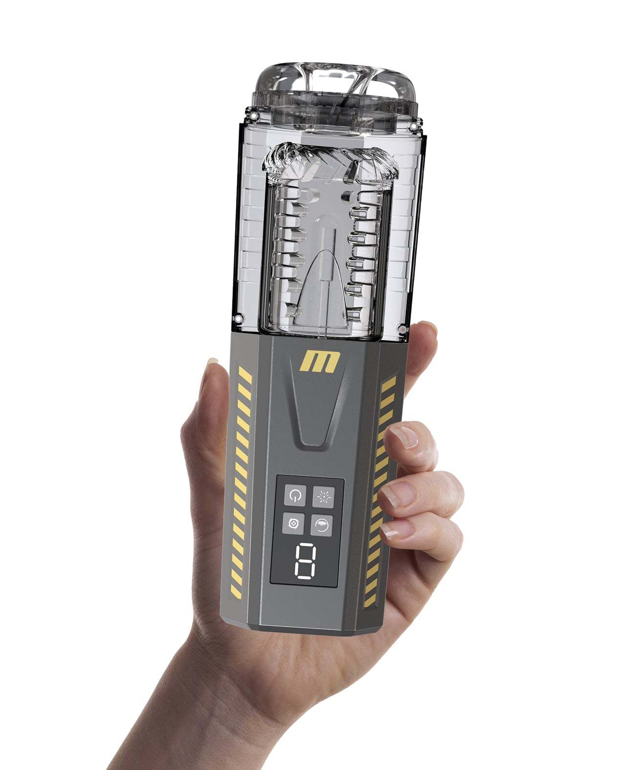 Blush M for Men SpinMaster Pro automatic male stroker with digital display and 360° rotation in grey held in hand