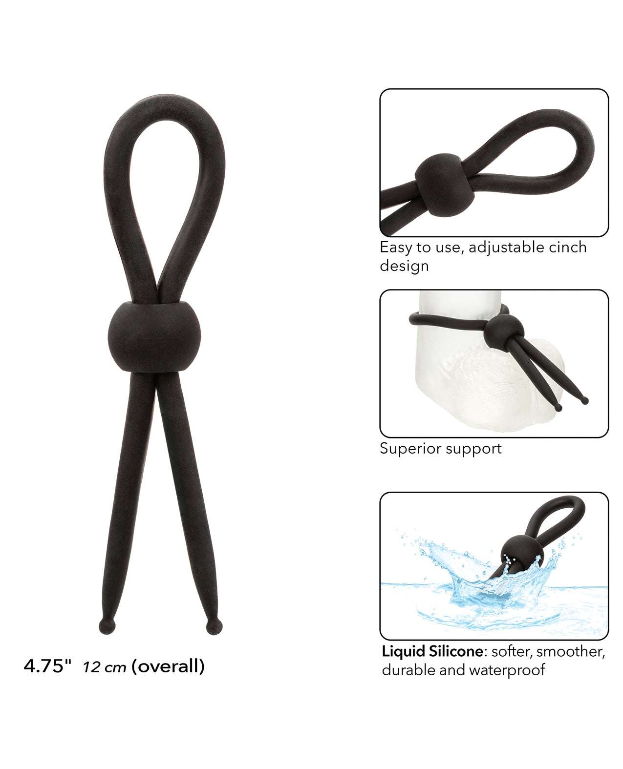 Alpha Liquid Silicone Lasso cock ring in black with adjustable cinch design, waterproof and durable material for personalized intimate pleasure.