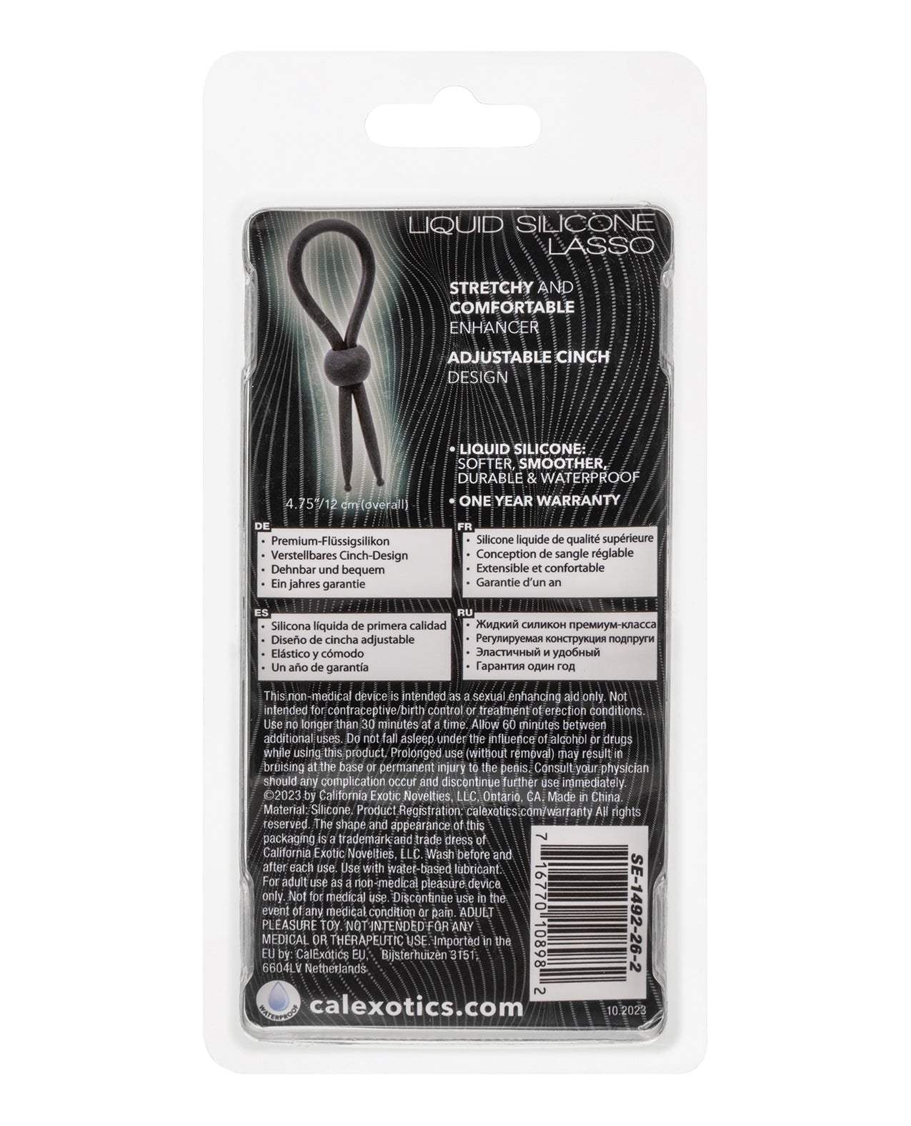Black Alpha Liquid Silicone Lasso cock ring with adjustable cinch design, stretchy and waterproof pleasure enhancer.
