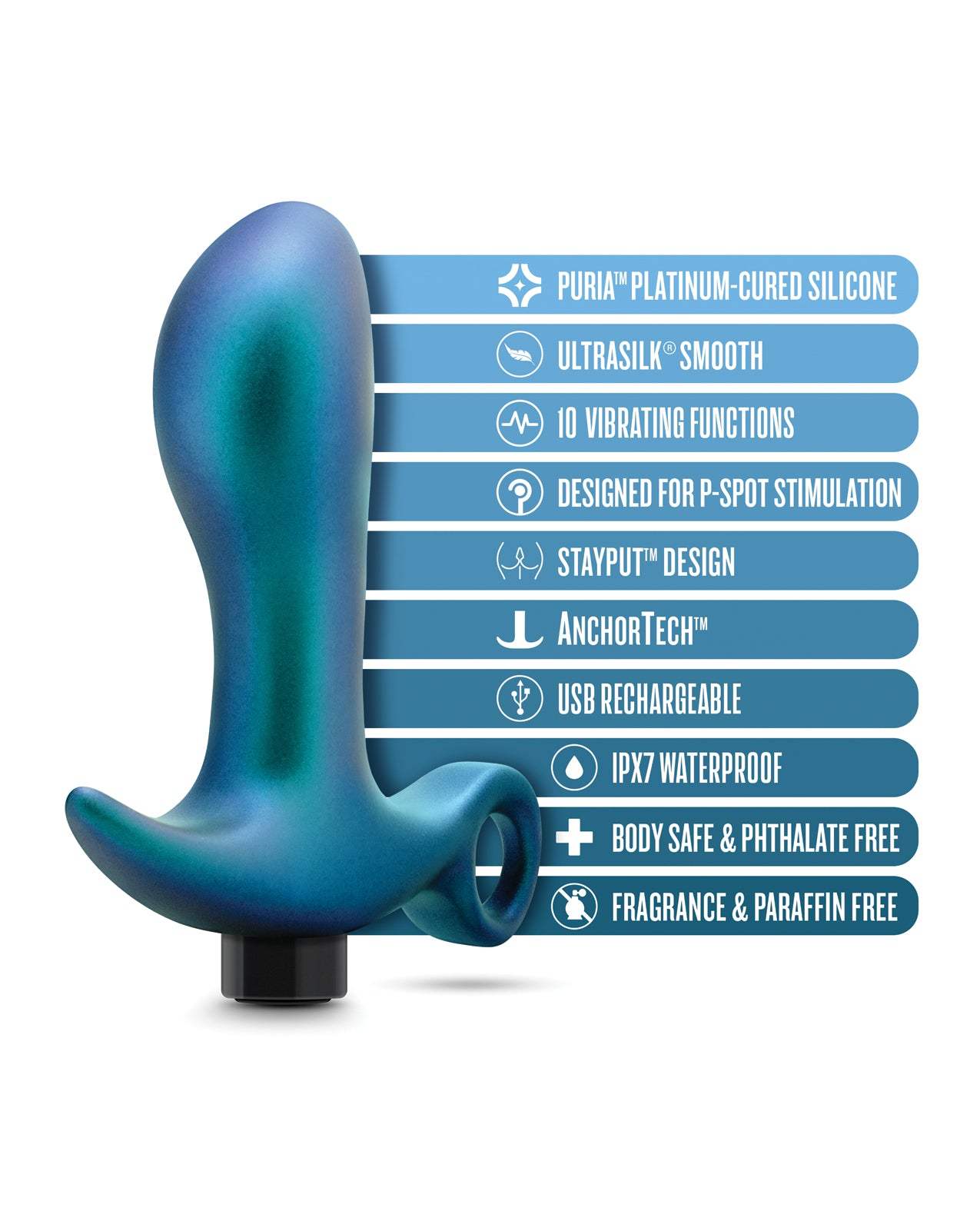 Blush Anal Adventures Matrix Teleportation Plug in Lunar Blue with 10 vibration settings, ergonomic prostate stimulation, USB rechargeable, waterproof and body-safe silicone design.