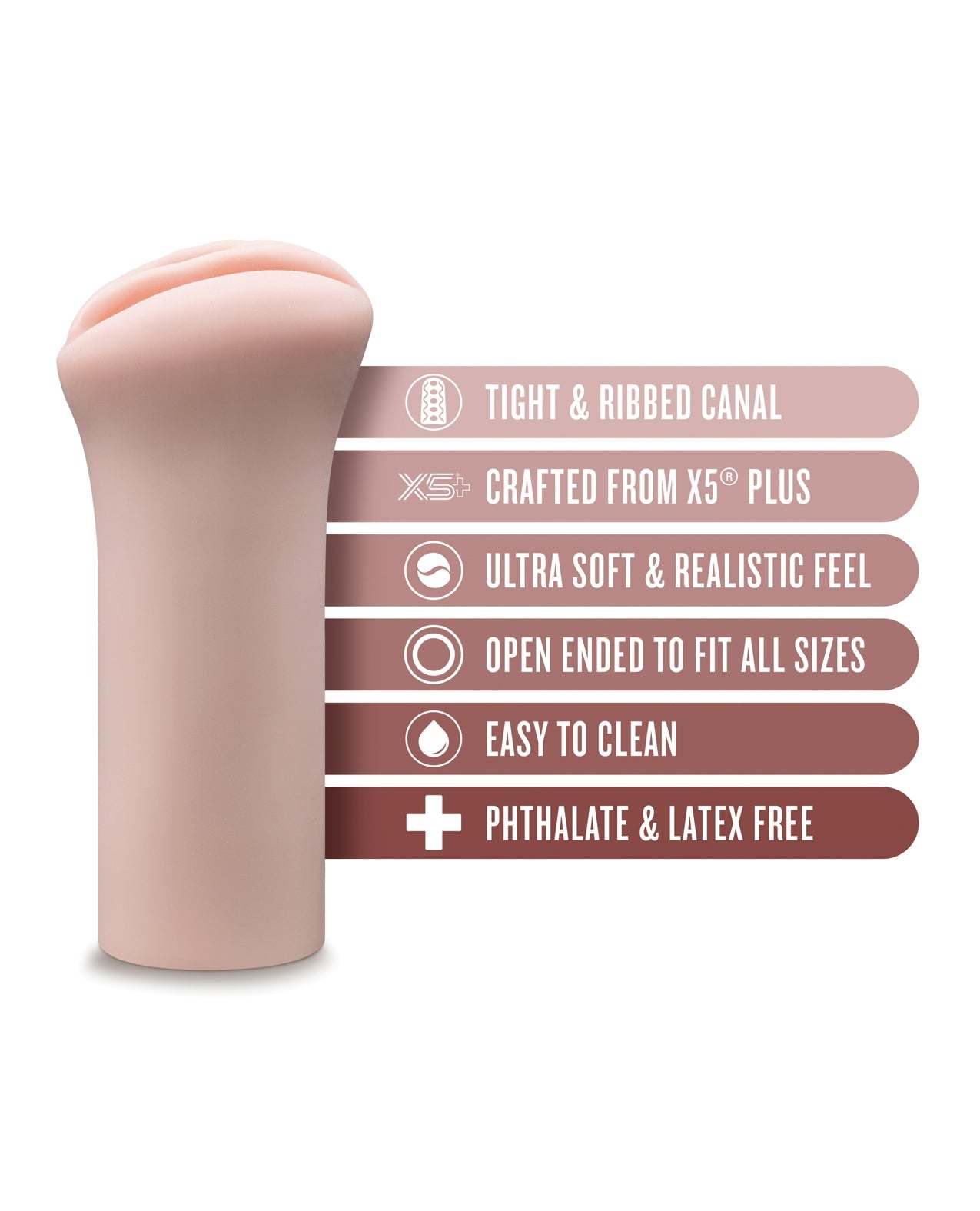 Blush EnLust Realistic Pussy Stroker in soft pink with tight ribbed canal, crafted from ultra-soft X5® Plus material, open-ended design, easy to clean, phthalate and latex free.