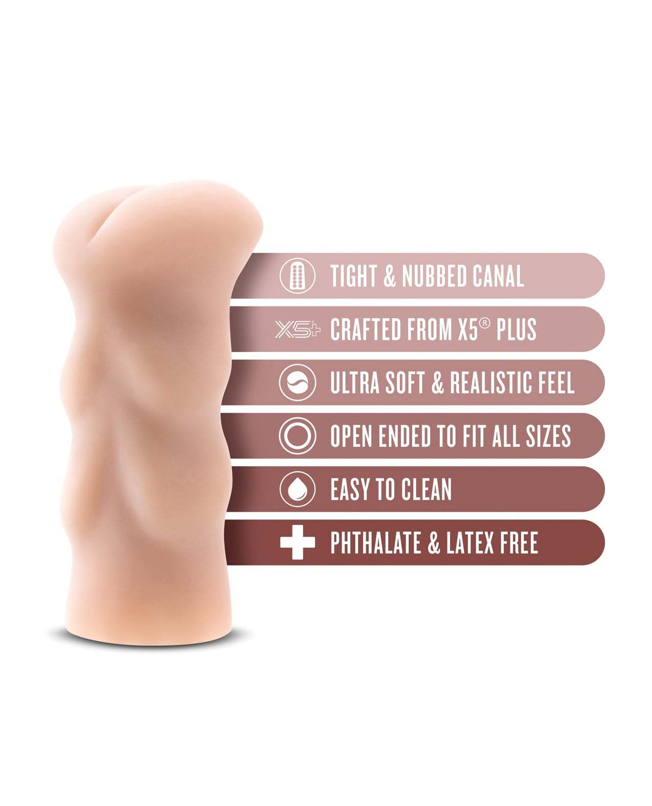Blush EnLust Anal Stroker Cassie with tight nubbed canal, ultra-soft X5 Plus material, open-ended design, easy to clean, phthalate and latex free.