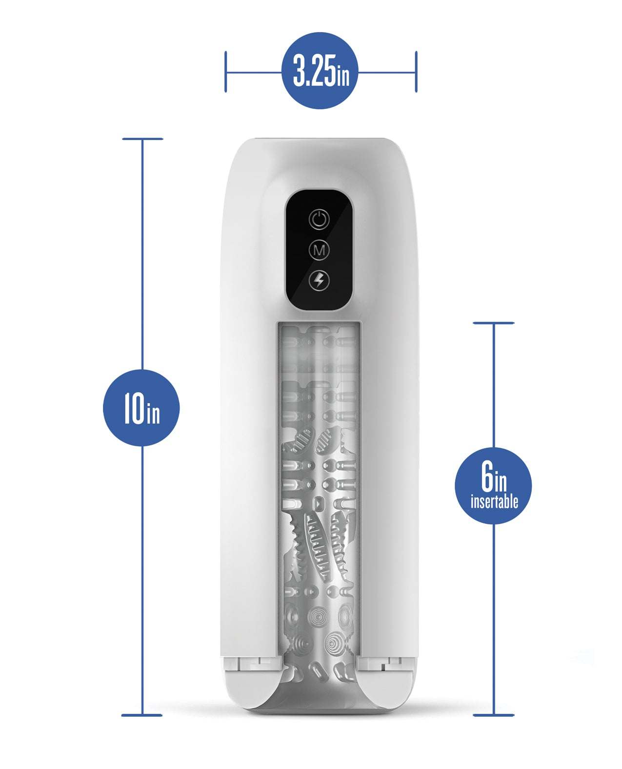 Blush M for Men Robo Bator white male stroker with vibrating and stroking modes, USB rechargeable, 10-inch length, 3.25-inch width, and 6-inch insertable textured sleeve