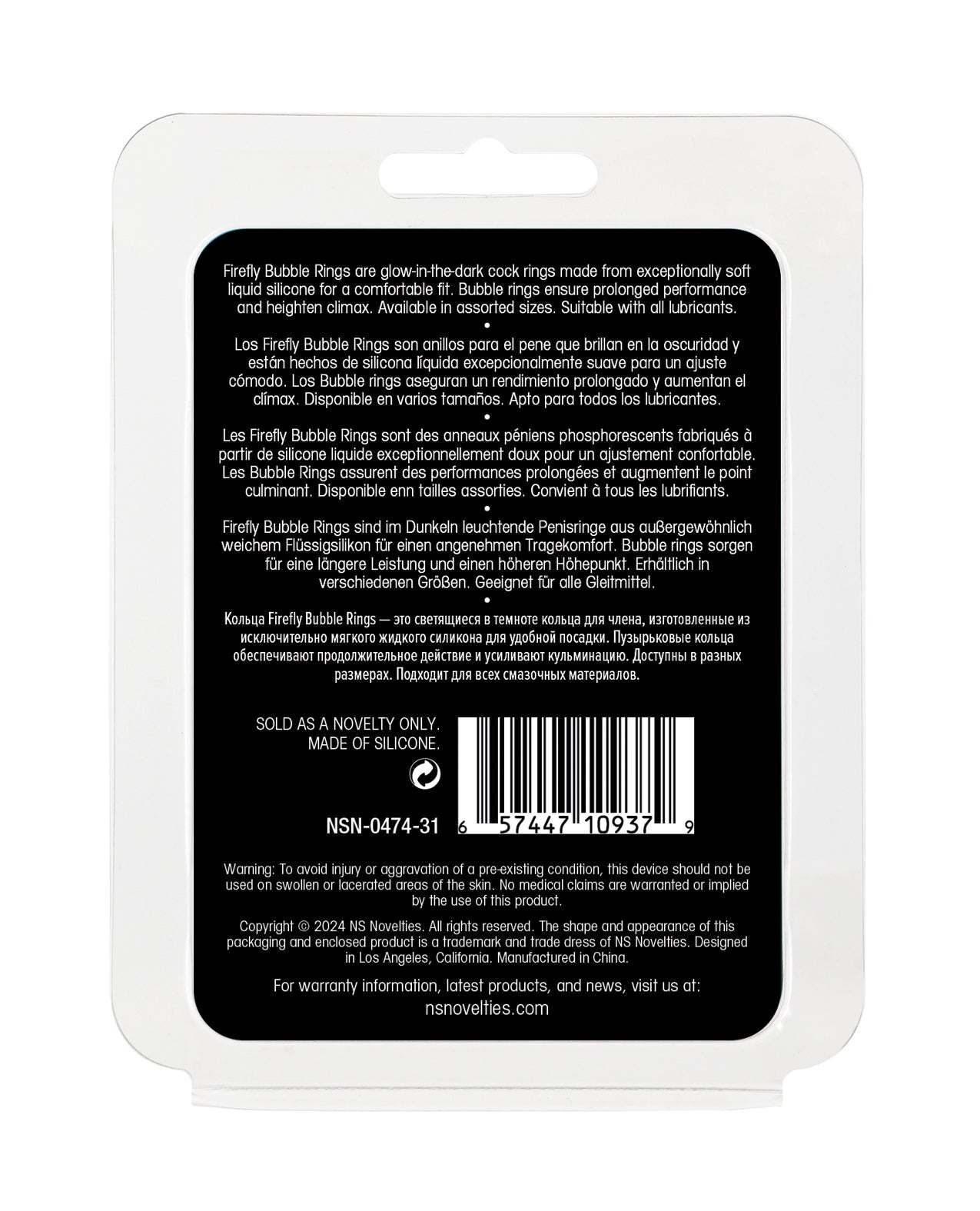 Firefly Glow in the Dark Bubble Cock Ring large white packaging showing product details and barcode