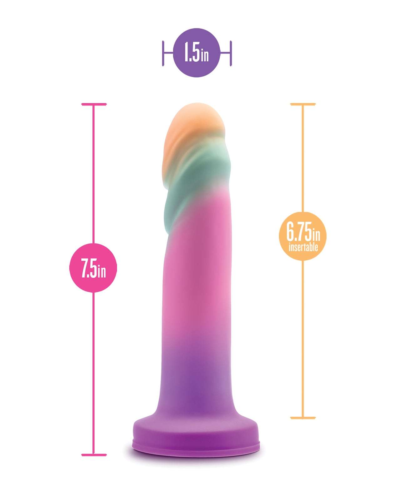 Blush Avant Sunrise Gaze silicone dildo in pastel sherbet colors with textured ridges and suction base, 7.5 inches long.