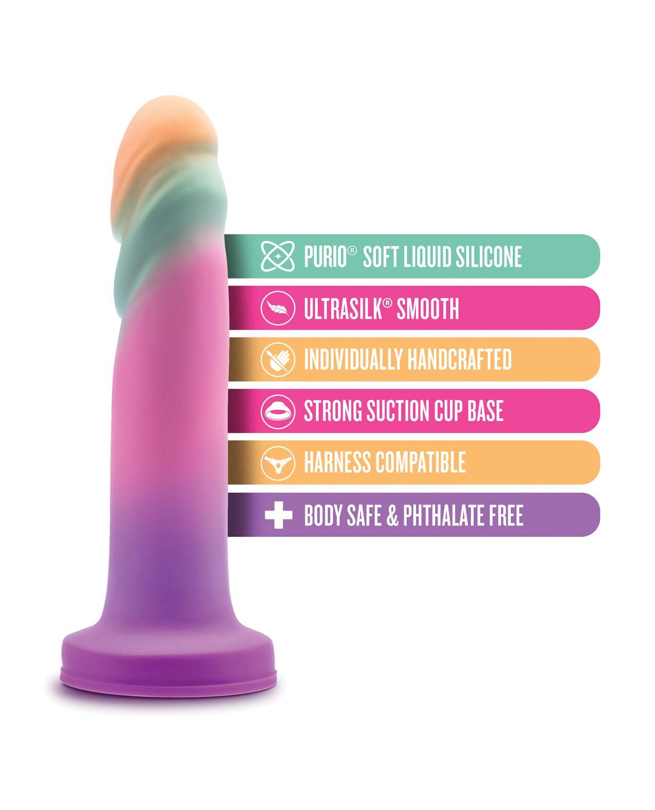 Blush Avant Sunrise Gaze silicone dildo in sherbet color with textured ridges, strong suction base, hand-sculpted design, and body-safe materials