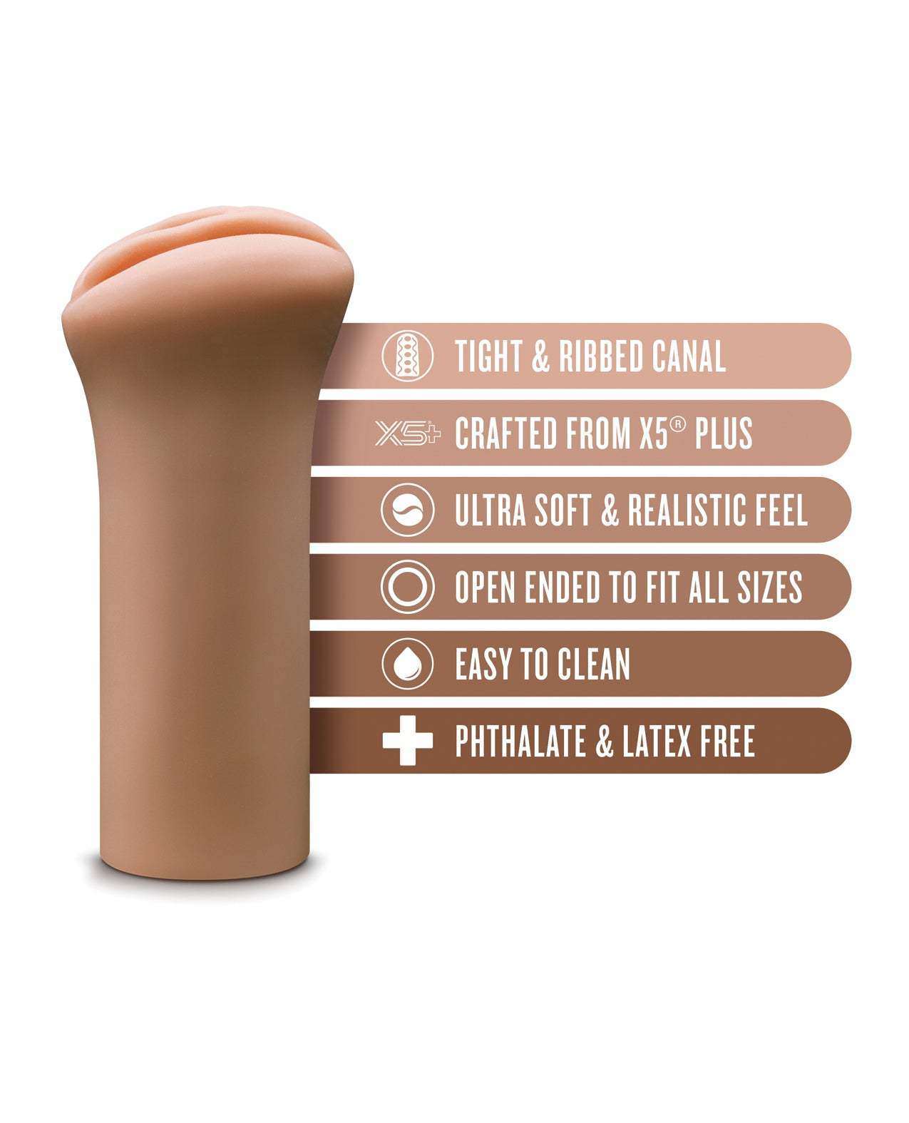 Blush EnLust Realistic Pussy Stroker Molly in beige with tight ribbed canal, ultra-soft X5 Plus material, open-ended design, and easy to clean features.
