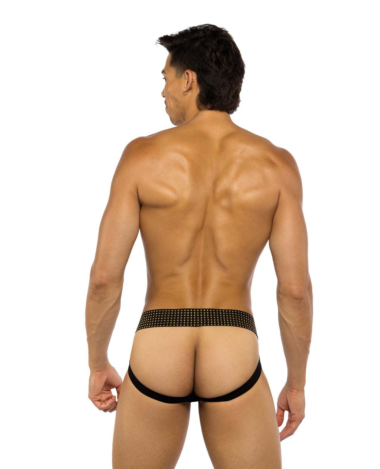 Male model wearing black Sacred Heart Jockstrap with studded elastic waistband and contoured pouch, back view.